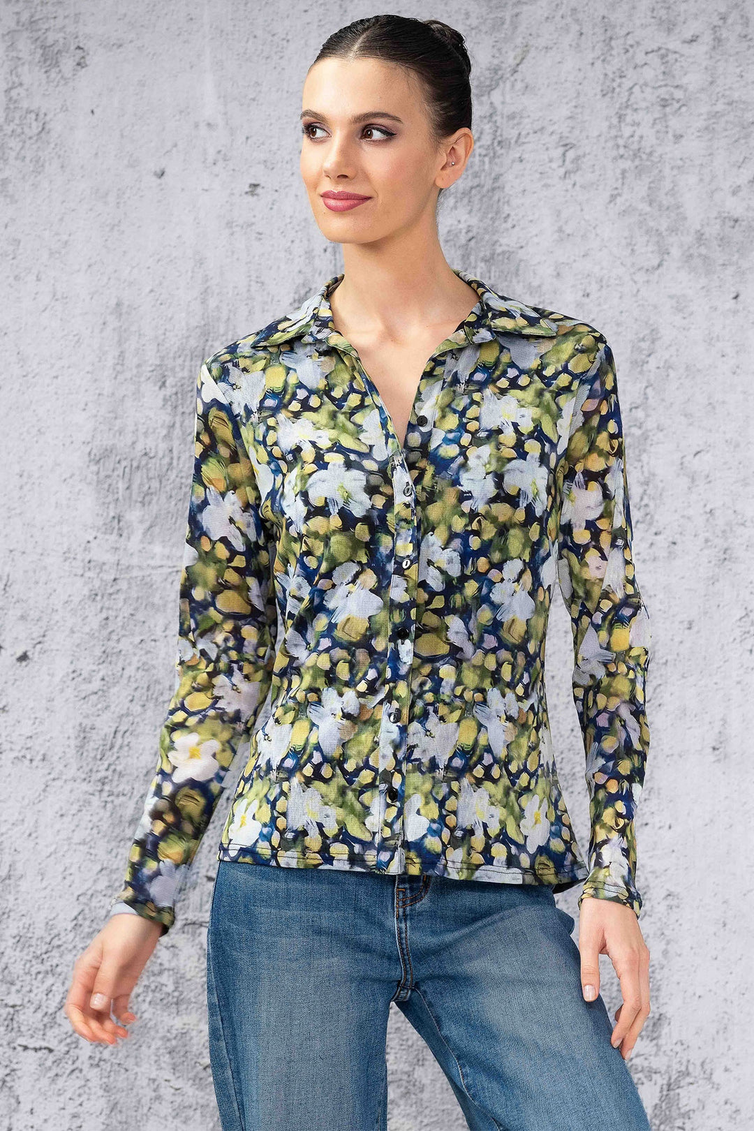 Alison Sheri A44467 Blouse Brush Floral Print Navy Green - Dotique