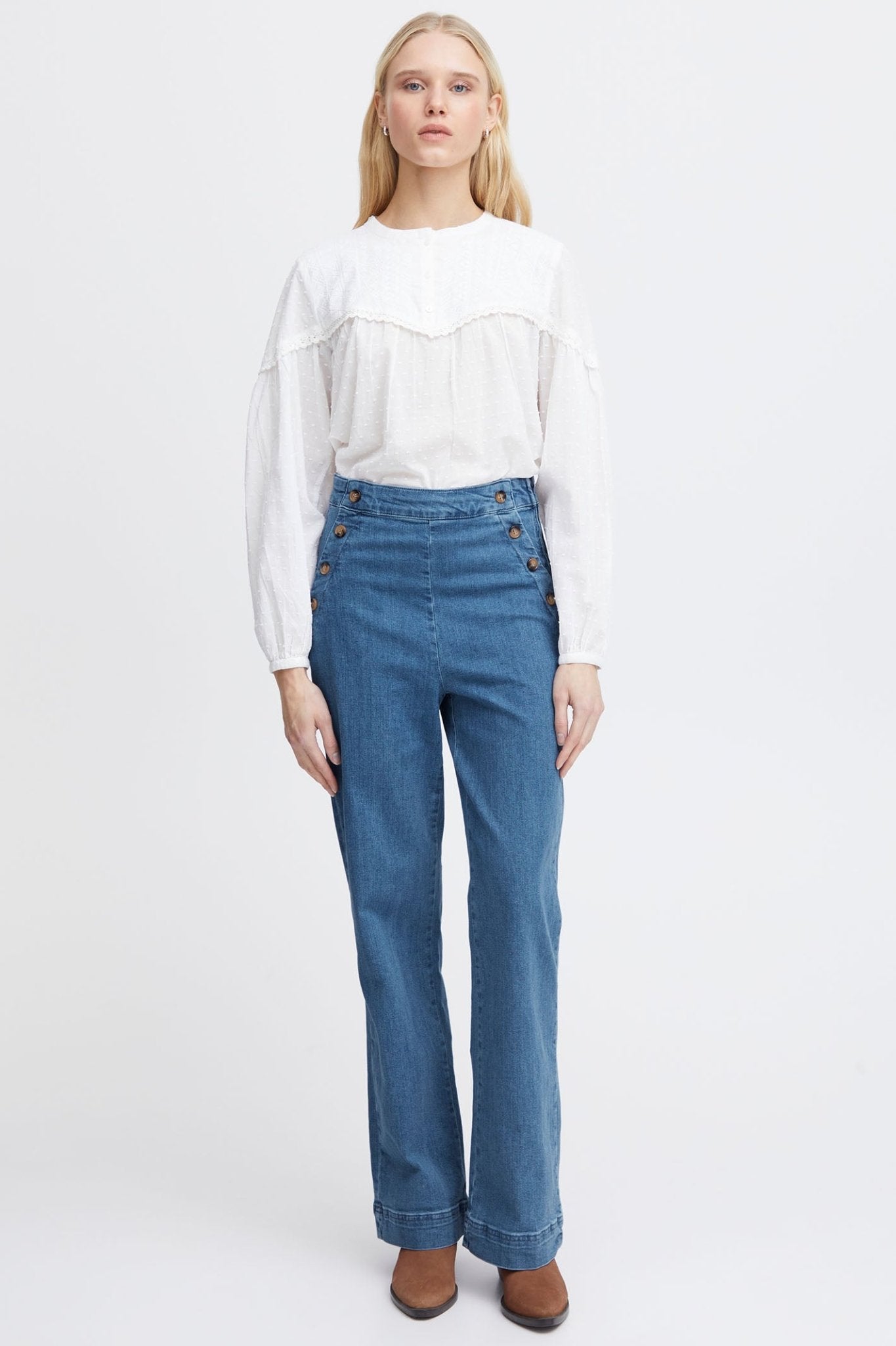 Atelier Reve 20119910 IRHARPER Medium Blue Washed Denim Button Detail Jeans - Dotique Chesterfield