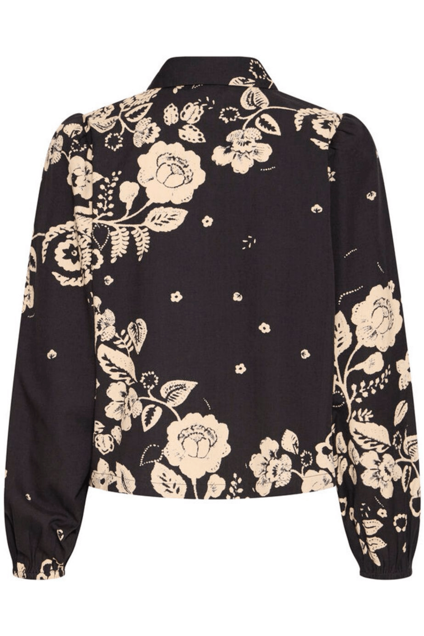 Atelier Rêve IRTULLA black cotton blouse with pink floral design at Dotique