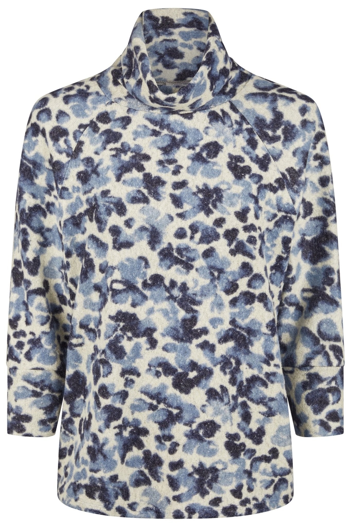 Floral patterned top with a high collar on a white background
