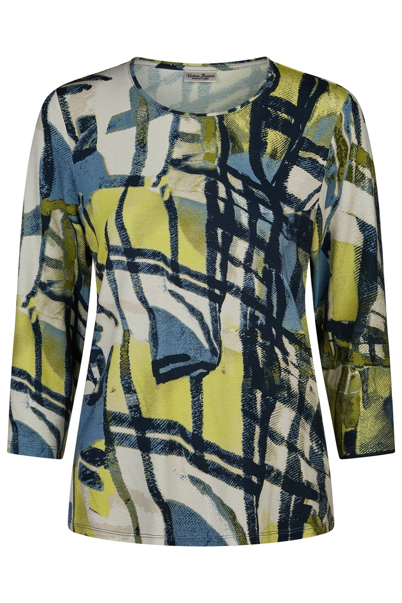 Long-sleeve shirt with abstract pattern in green, blue, and white on a white background
