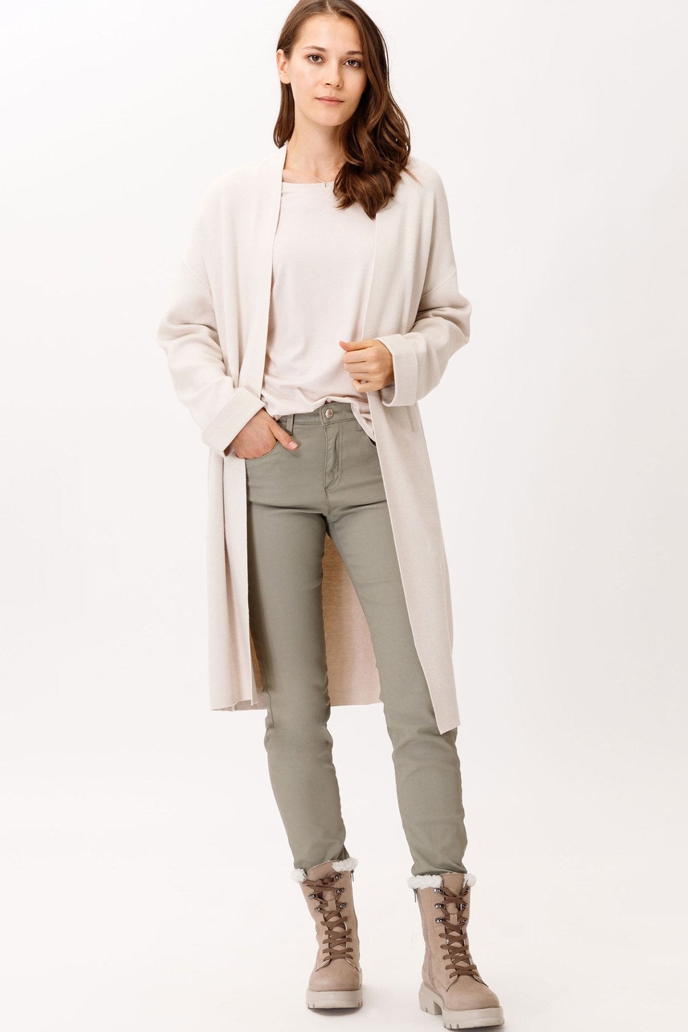 Brax Amanda 39-4004 59 Beige Open Front Knitted Coat Cardigan - Dotique Chesterfield