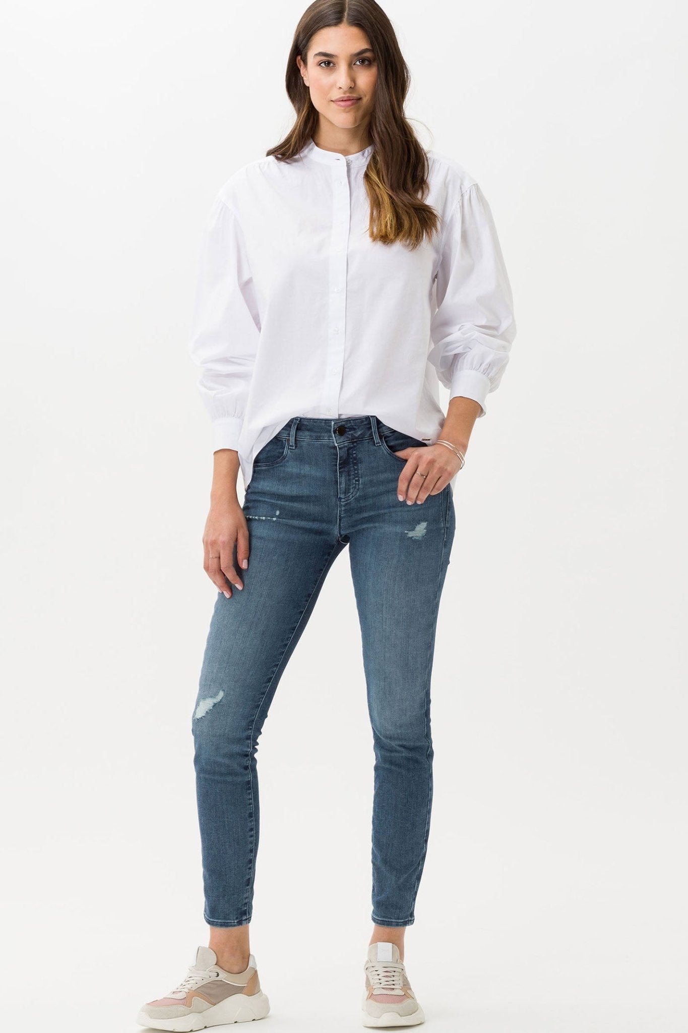 Brax Viv 49-5444 99 White Collarless Shirt - Dotique Chesterfield