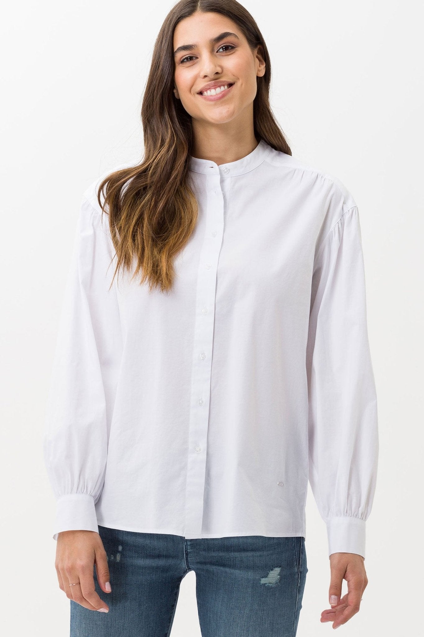 Brax Viv 49-5444 99 White Collarless Shirt - Dotique Chesterfield
