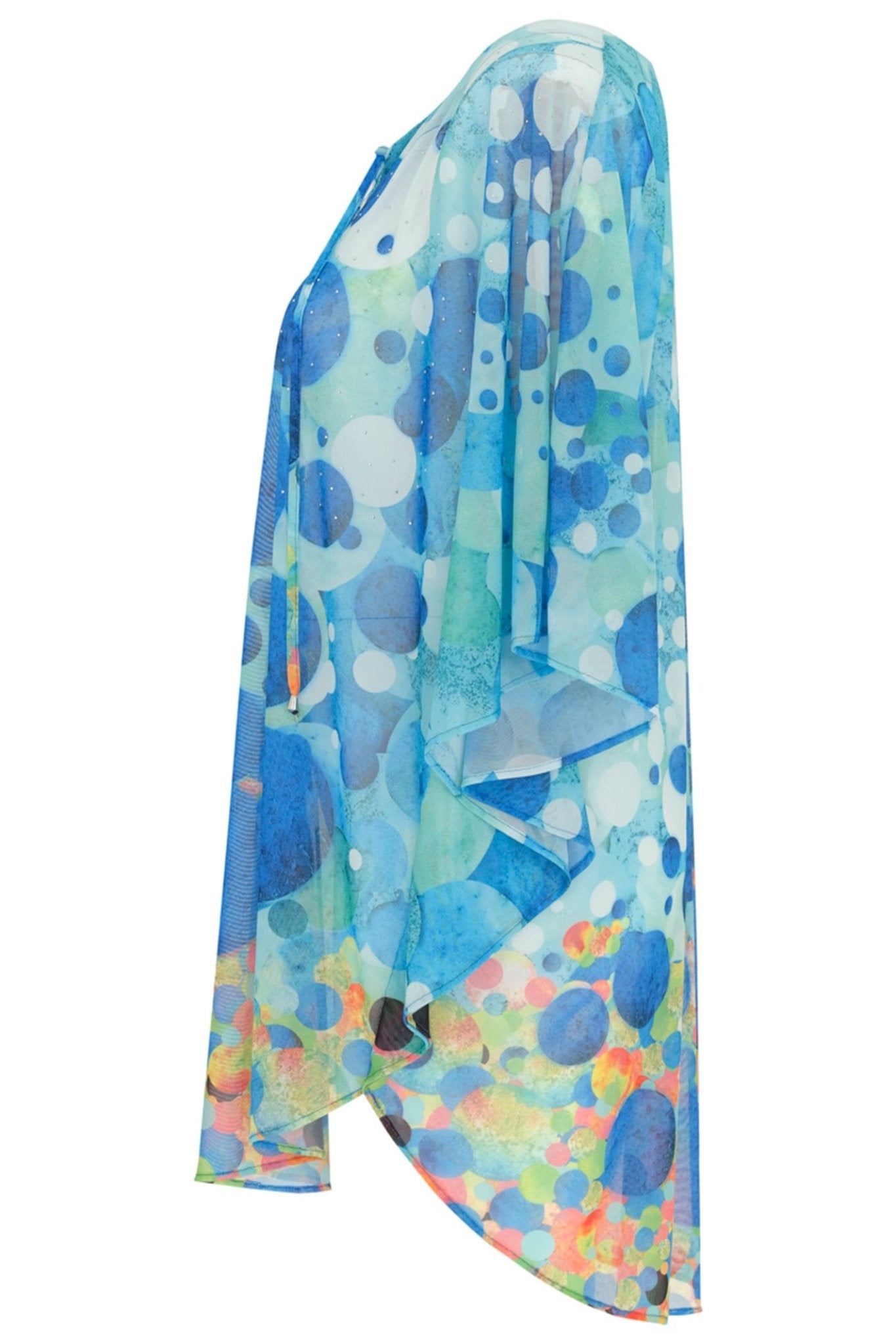 Dolcezza 24801 Turquoise Blue Big Angel Fish Mosaic Tie Neck Top - Dotique Chesterfield