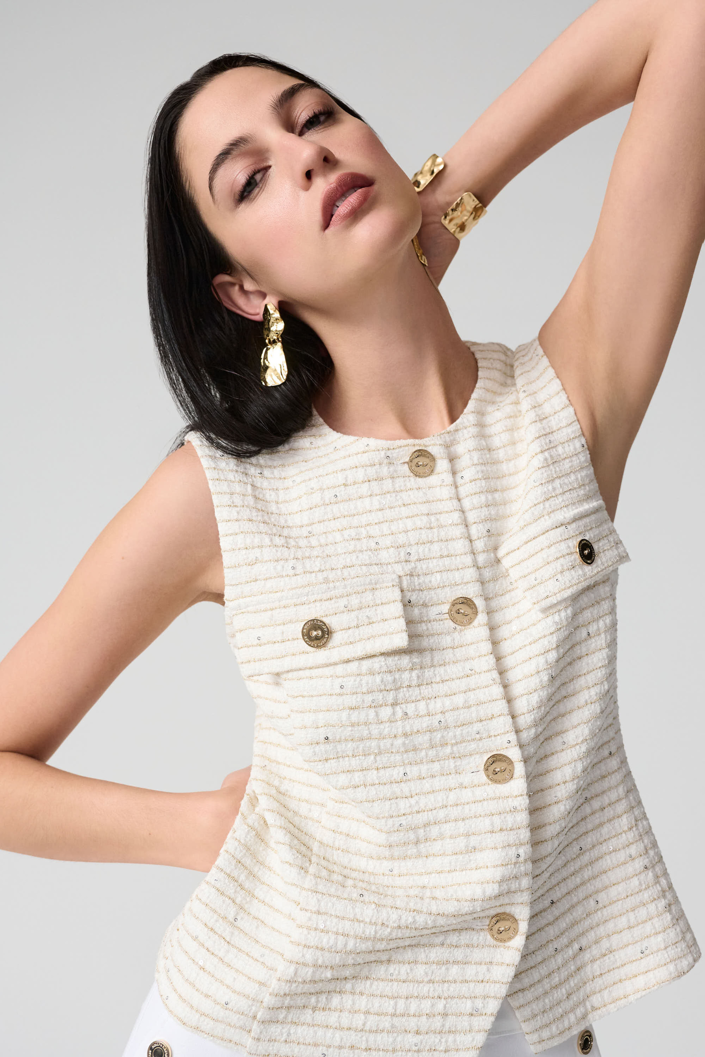 Joseph Ribkoff 261113 Off-White Bouclé Vest with Gold Buttons