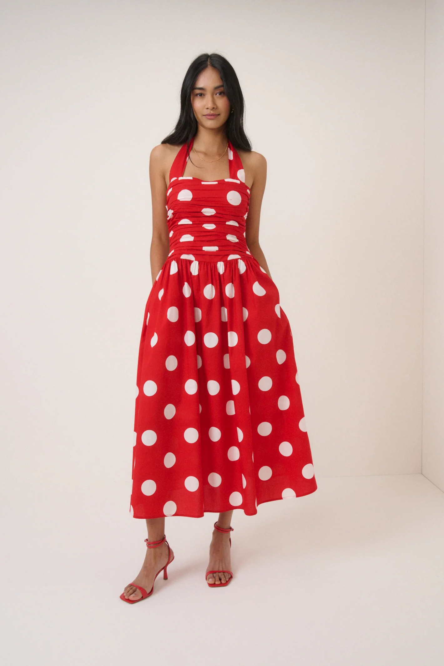 open lace back dress Nobody's Child Red Polka Dot Halterneck Lilah Midi Dress