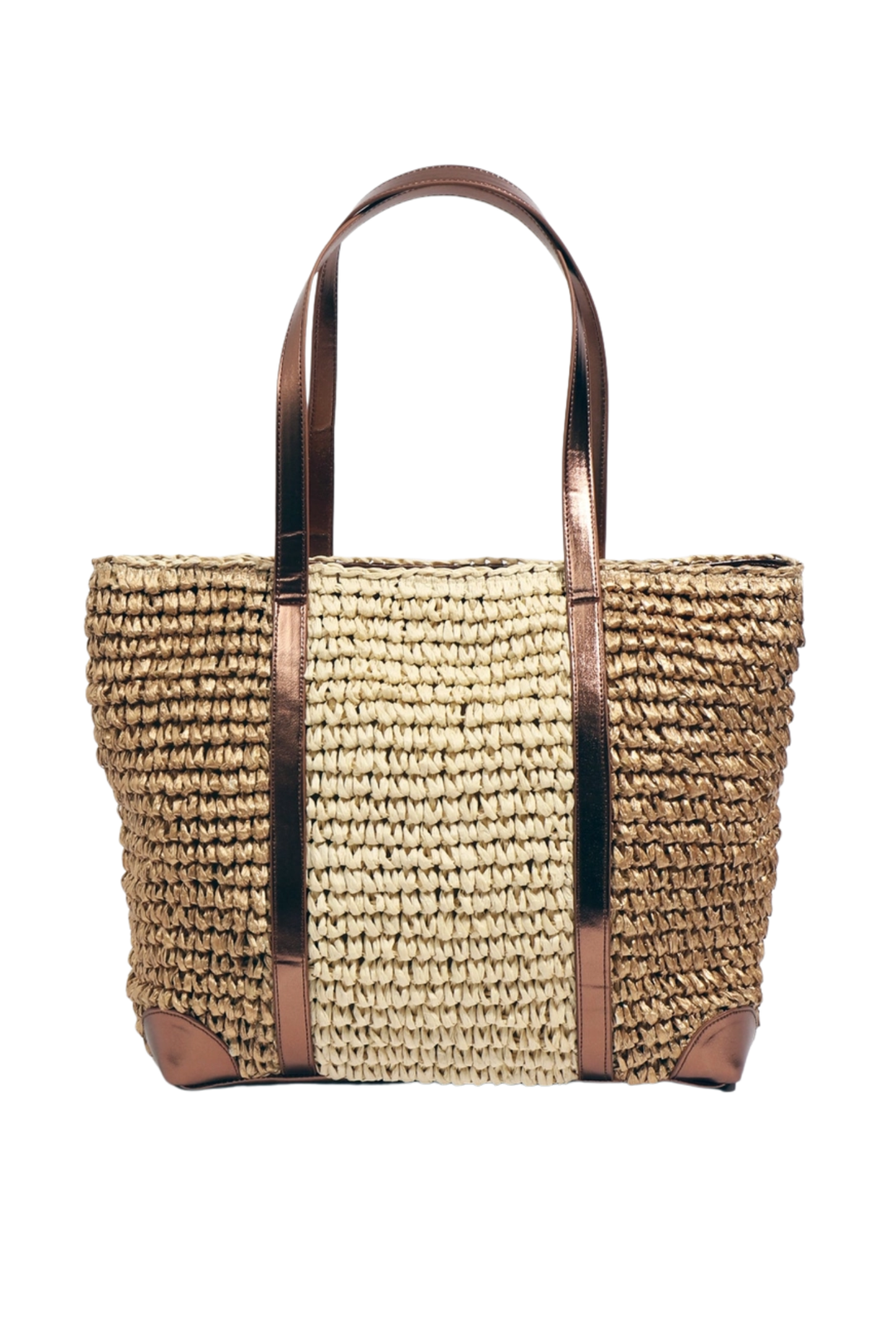 Pia Rossini Aragon Gold Straw Tote Bag with Metallic Handles