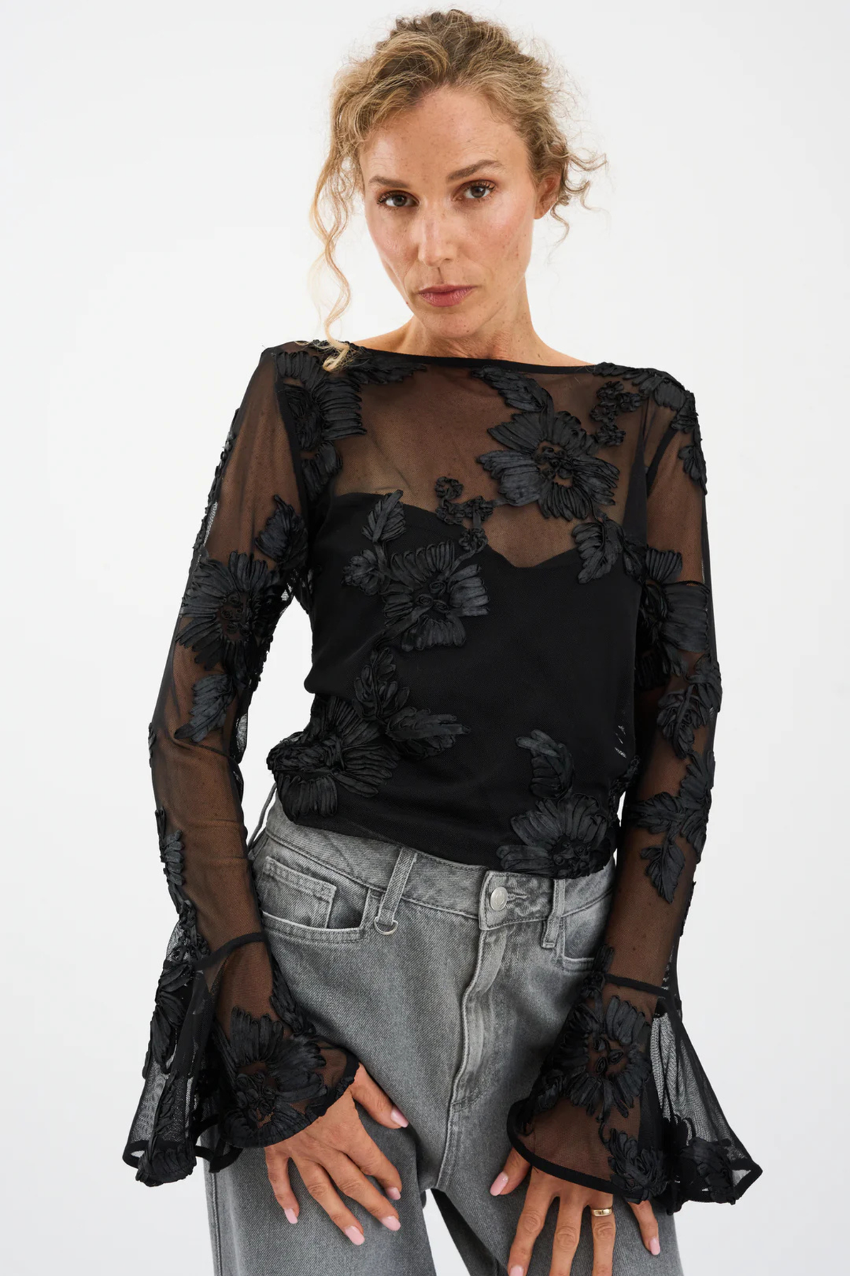 Pieszak J235163 PD-Melia Flounce Sleeve Mesh Blouse Black