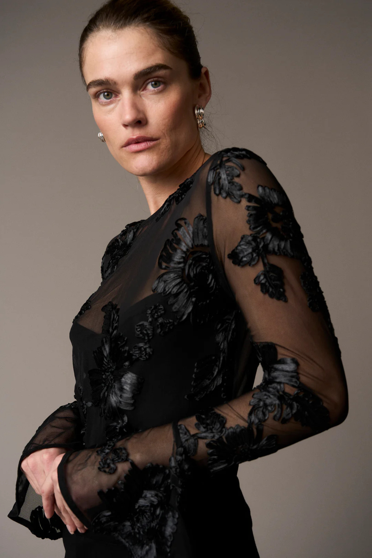 Pieszak J235163 PD-Melia Flounce Sleeve Mesh Blouse Black