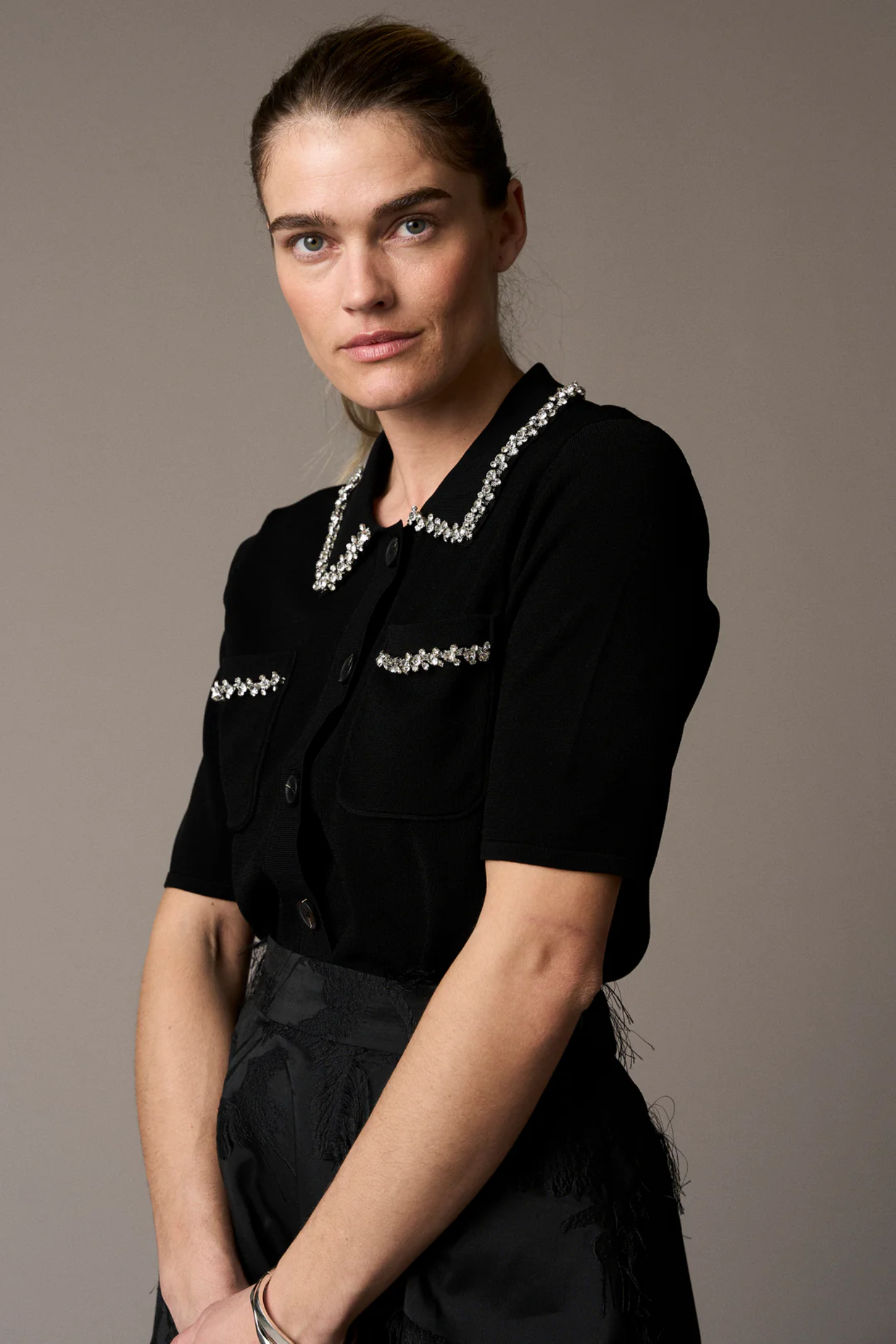 Pieszak J235172 PD-Vigga Rhinestone Polo Knit Black