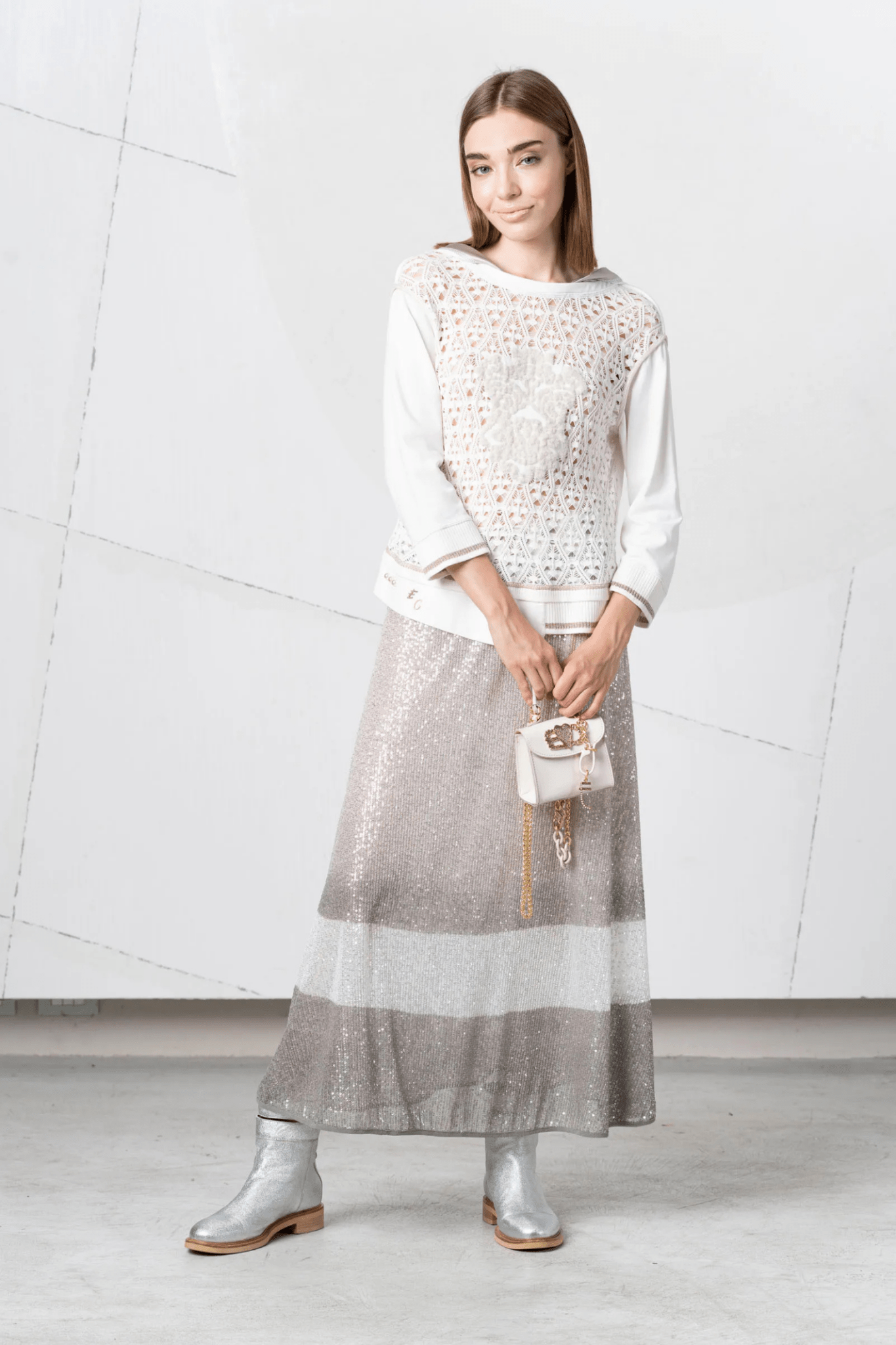 Elisa Cavaletti 03149 White Fleece and Perforated Knit Sweater at Dotique