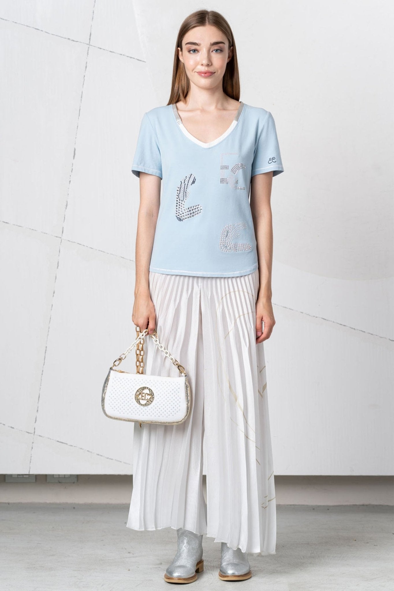 Elisa Cavaletti EJP256011800 White Gold Pleat Palazzo Trousers - Dotique