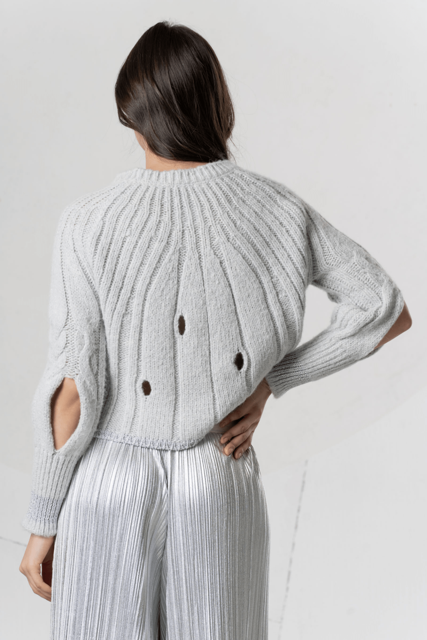 Elisa Cavaletti Glacier Grey Shimmer Knit Jumper with Cut - Out Sleeves – EJW254010901 22098 - Dotique - Elisa Cavaletti