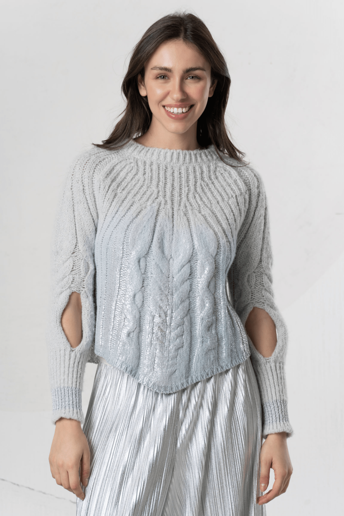 Elisa Cavaletti Glacier Grey Shimmer Knit Jumper with Cut - Out Sleeves – EJW254010901 22098 - Dotique - Elisa Cavaletti