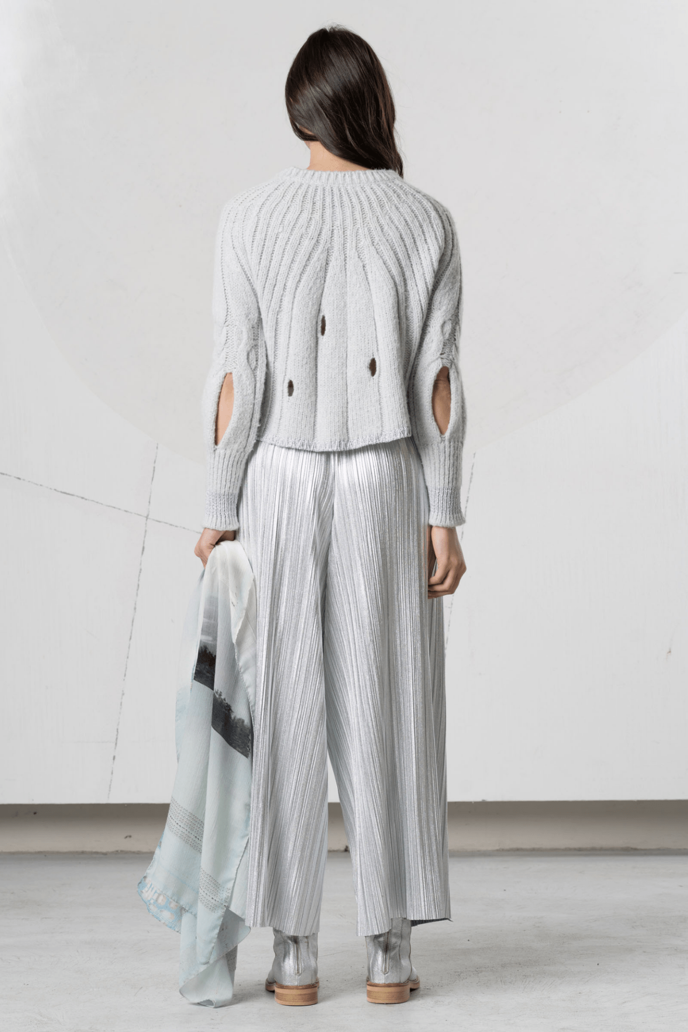 Elisa Cavaletti Glacier Grey Shimmer Knit Jumper with Cut - Out Sleeves – EJW254010901 22098 - Dotique - Elisa Cavaletti