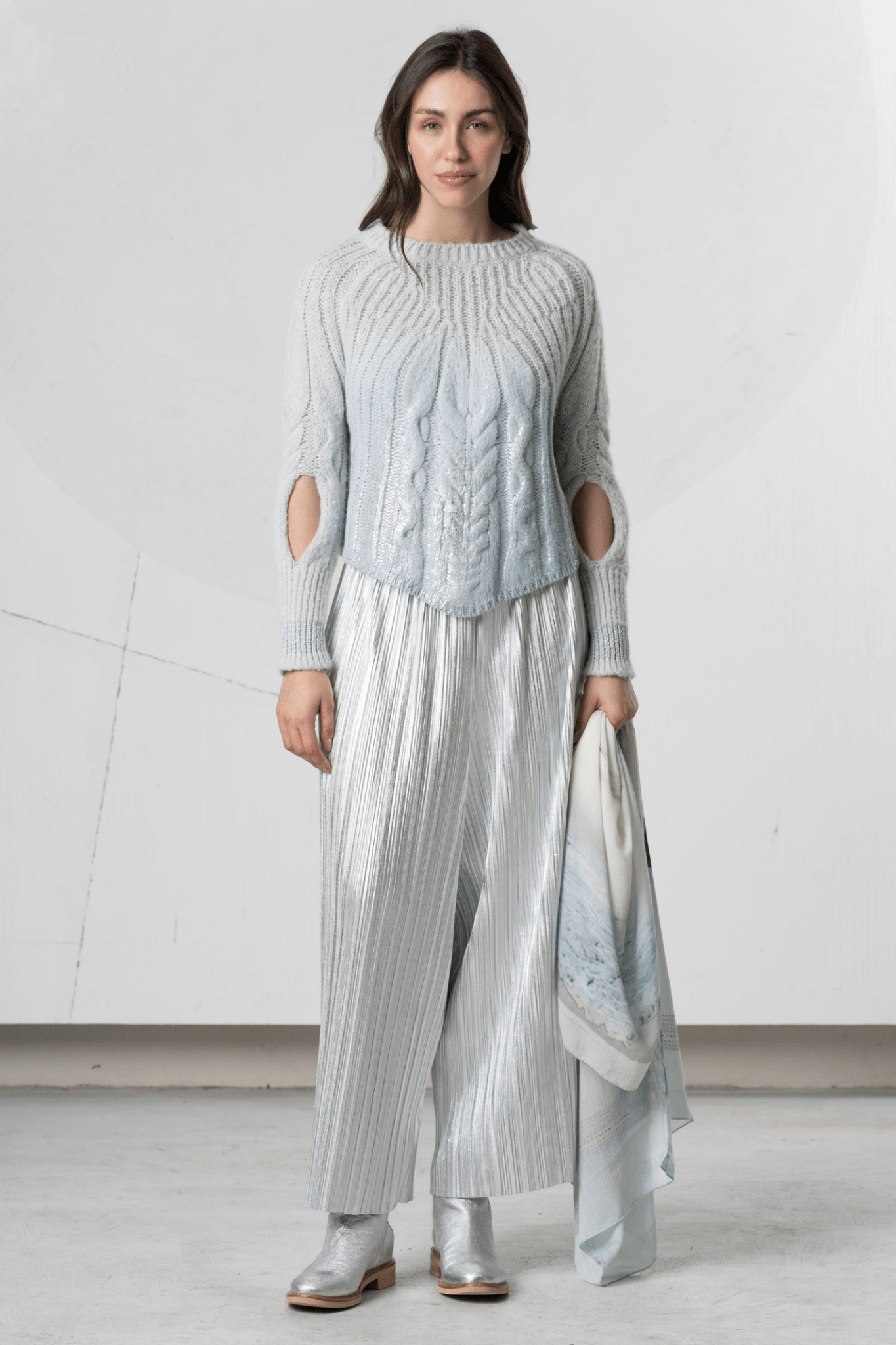 Elisa Cavaletti Glacier Grey Shimmer Knit Jumper with Cut - Out Sleeves – EJW254010901 22098 - Dotique - Elisa Cavaletti