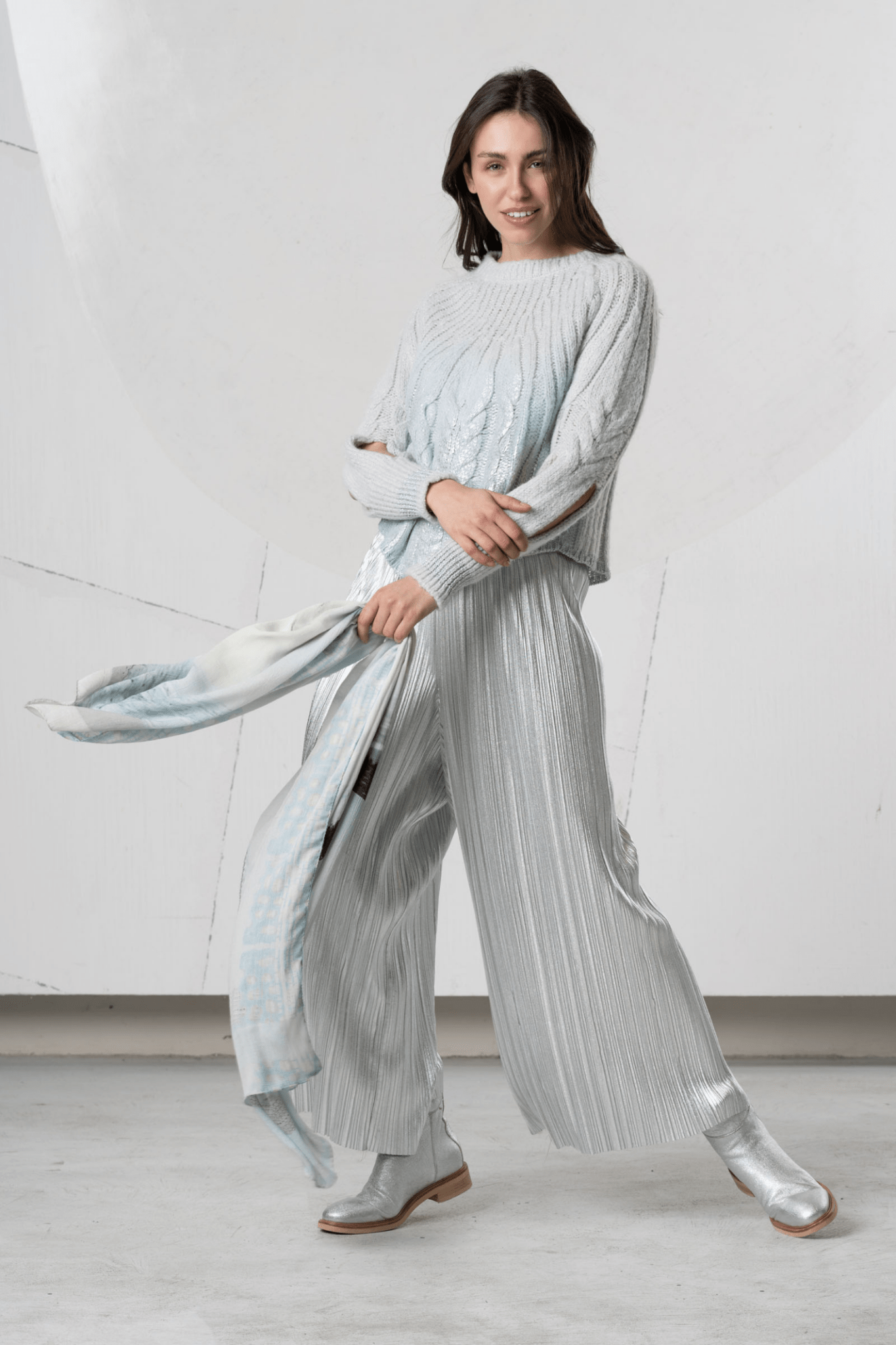 Elisa Cavaletti Glacier Grey Shimmer Knit Jumper with Cut - Out Sleeves – EJW254010901 22098 - Dotique - Elisa Cavaletti