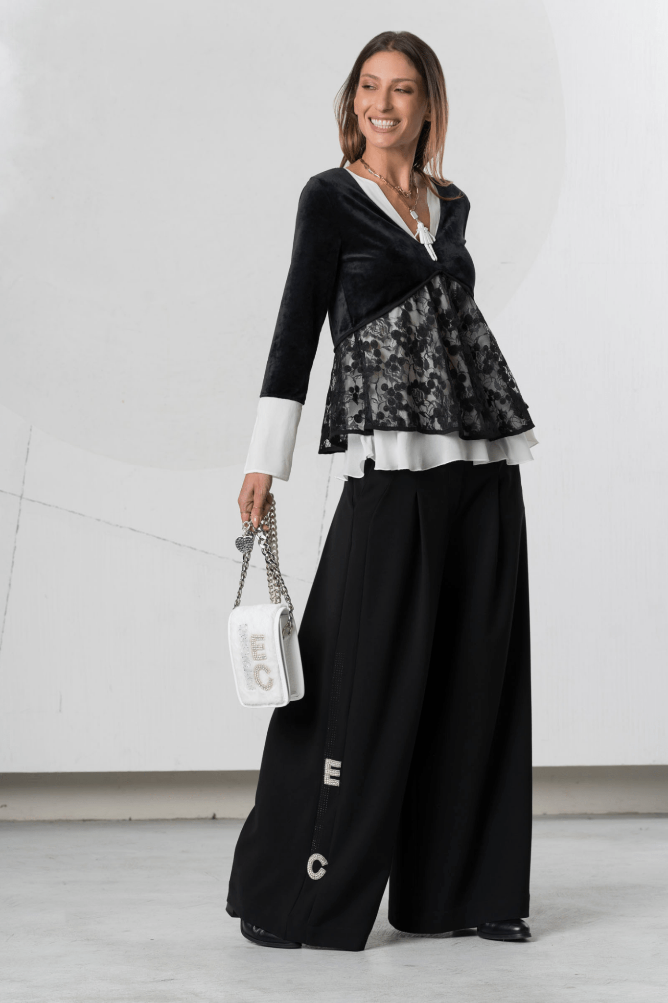 Elisa Cavaletti Nero Black Velvet Peplum Blouse with Sheer Floral Lace Panel – ELW255545104 02001 - Dotique - Elisa Cavaletti