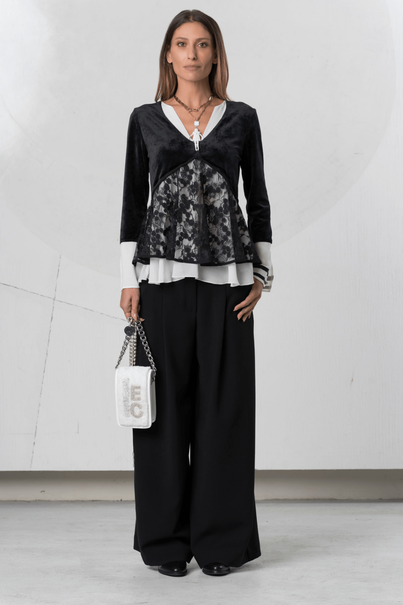 Elisa Cavaletti Nero Black Velvet Peplum Blouse with Sheer Floral Lace Panel – ELW255545104 02001 - Dotique - Elisa Cavaletti