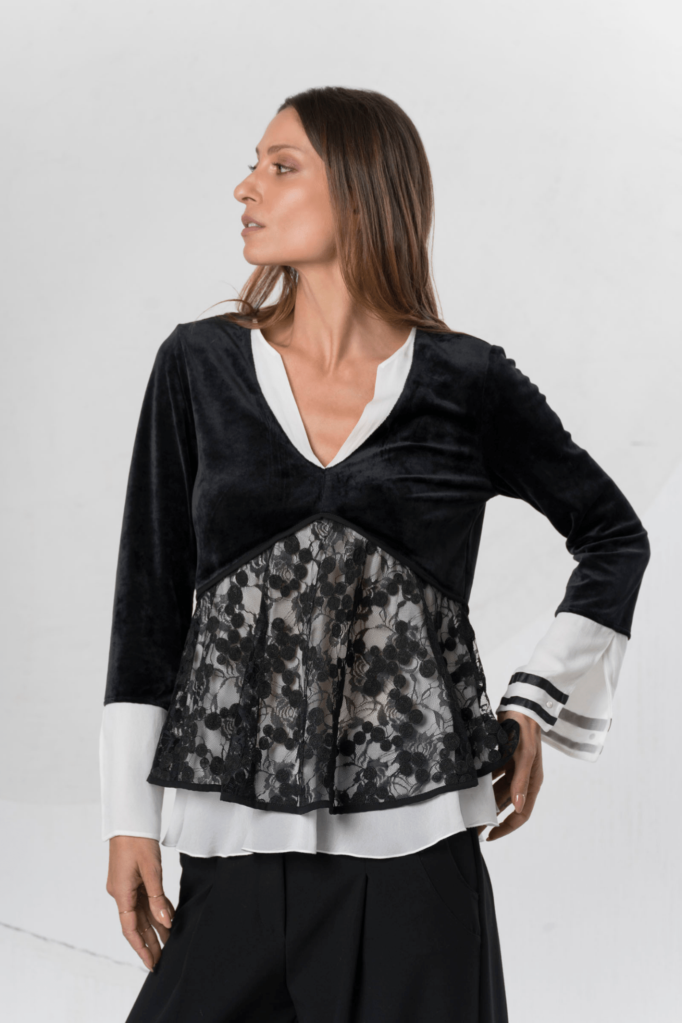 Elisa Cavaletti Nero Black Velvet Peplum Blouse with Sheer Floral Lace Panel – ELW255545104 02001 - Dotique - Elisa Cavaletti