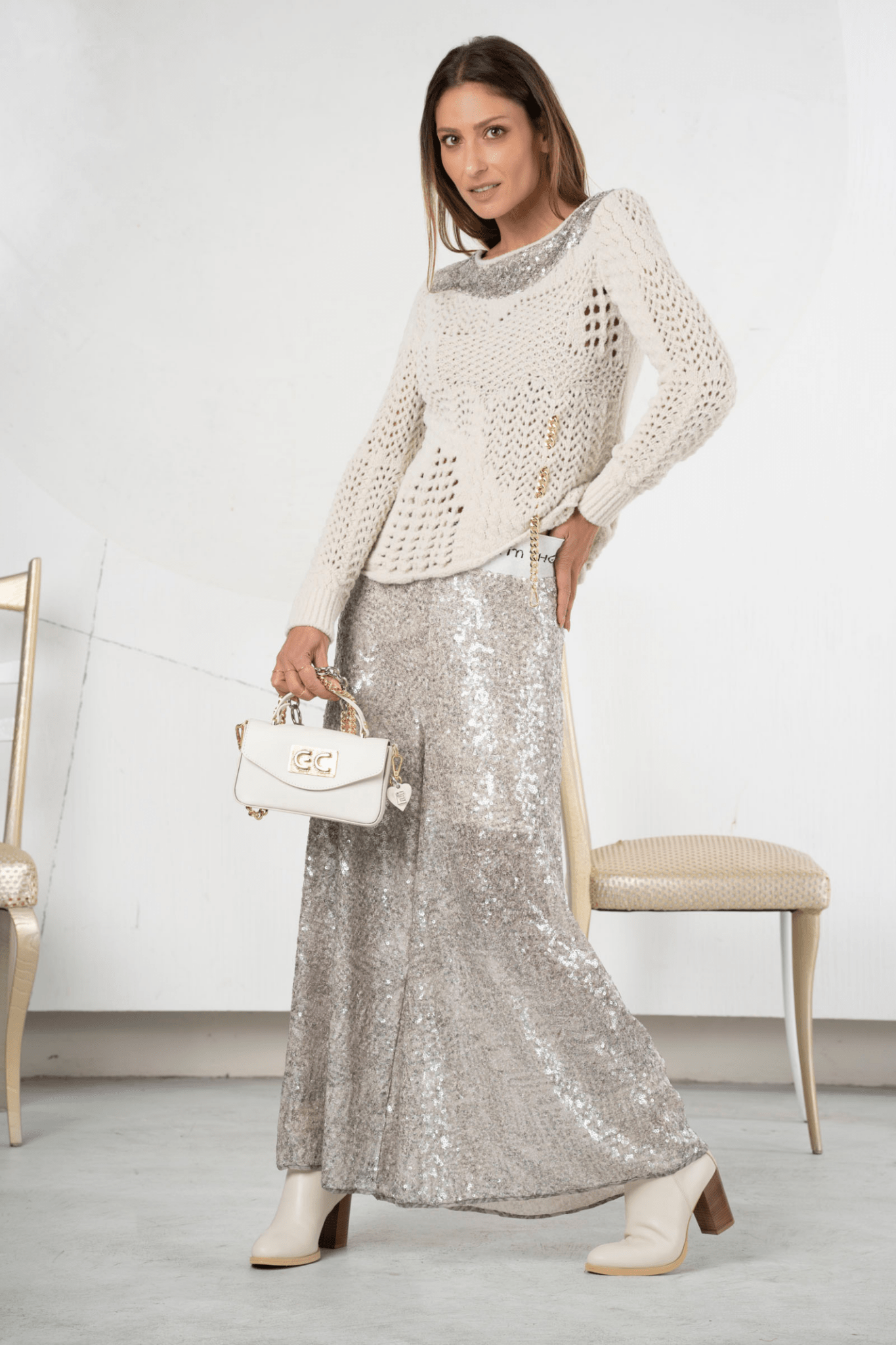 Elisa Cavaletti Open - Knit Jumper with Chain Detail in Galà Greige – ELW254008201 04202 - Dotique - Elisa Cavaletti