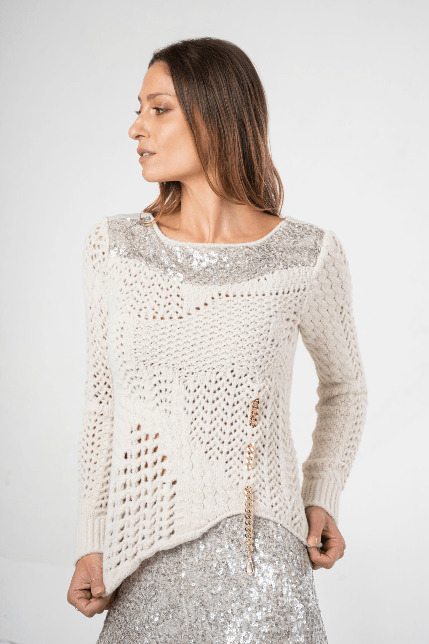 Elisa Cavaletti Open - Knit Jumper with Chain Detail in Galà Greige – ELW254008201 04202 - Dotique - Elisa Cavaletti