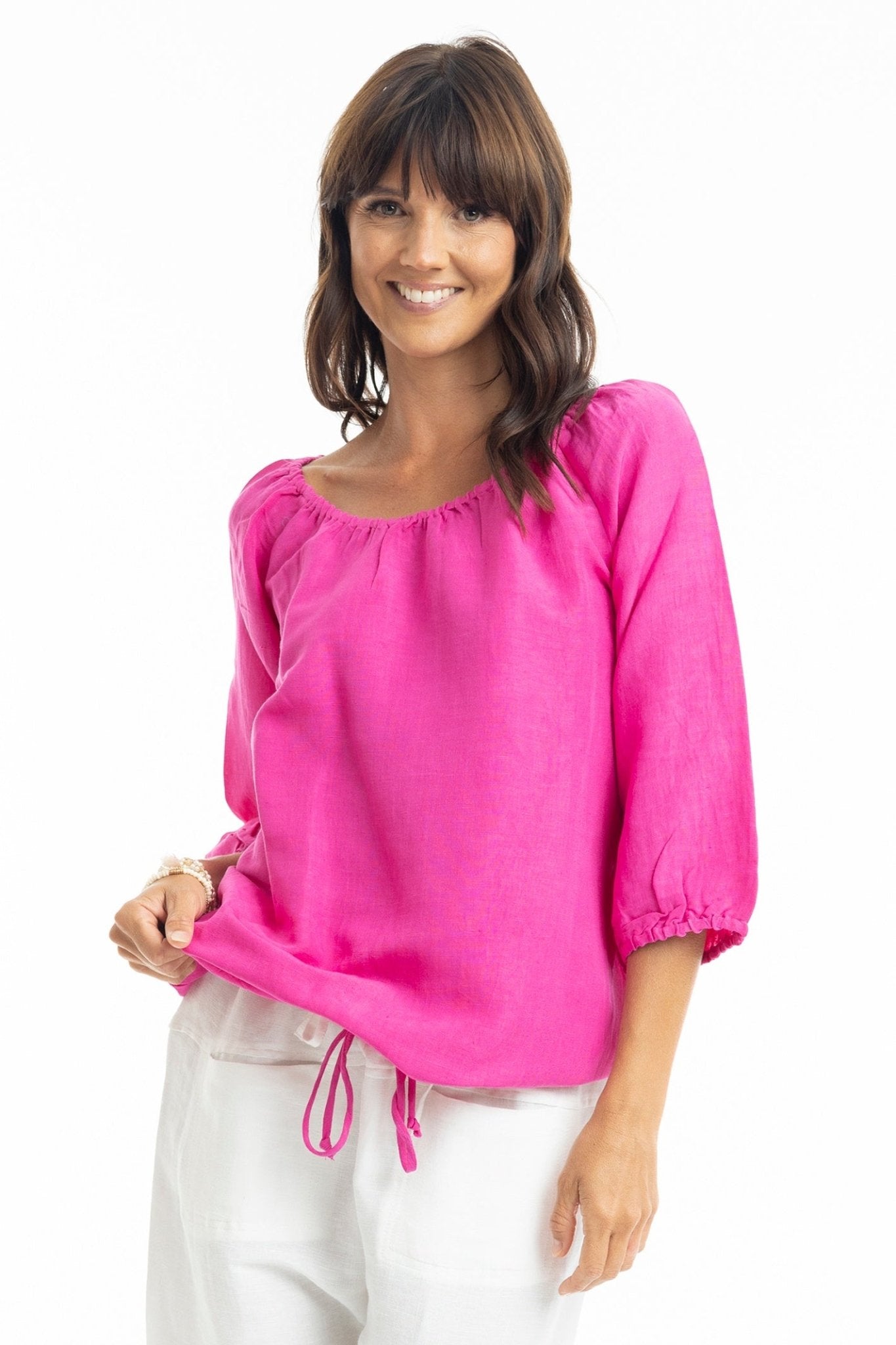 Escape 72495 New Pink Gather Neck 3/4 Sleeve Linen Top - Dotique