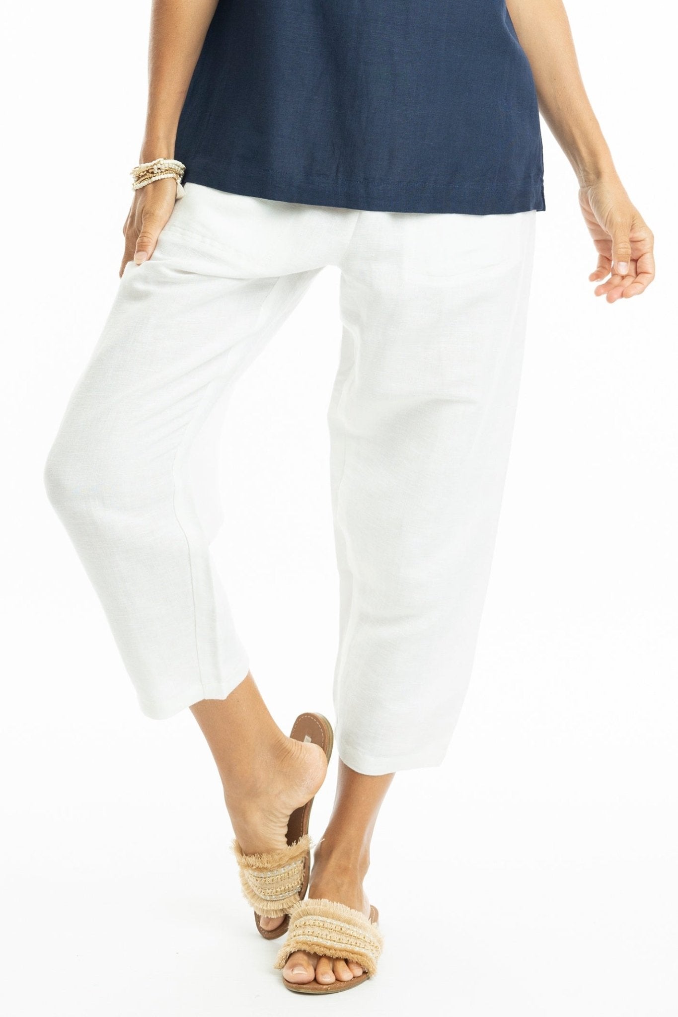 Escape 76056 White Linen Cropped Trousers - Dotique