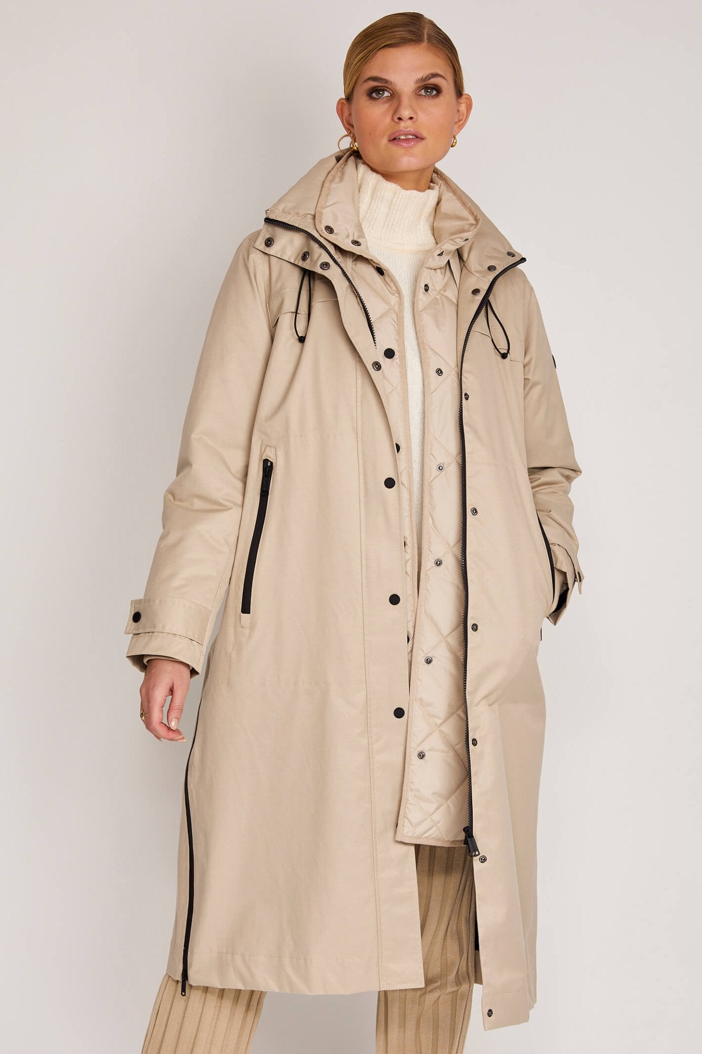 Frandsen 00760-00292-13 Beige High Neck Hooded Coat - Dotique Chesterfield