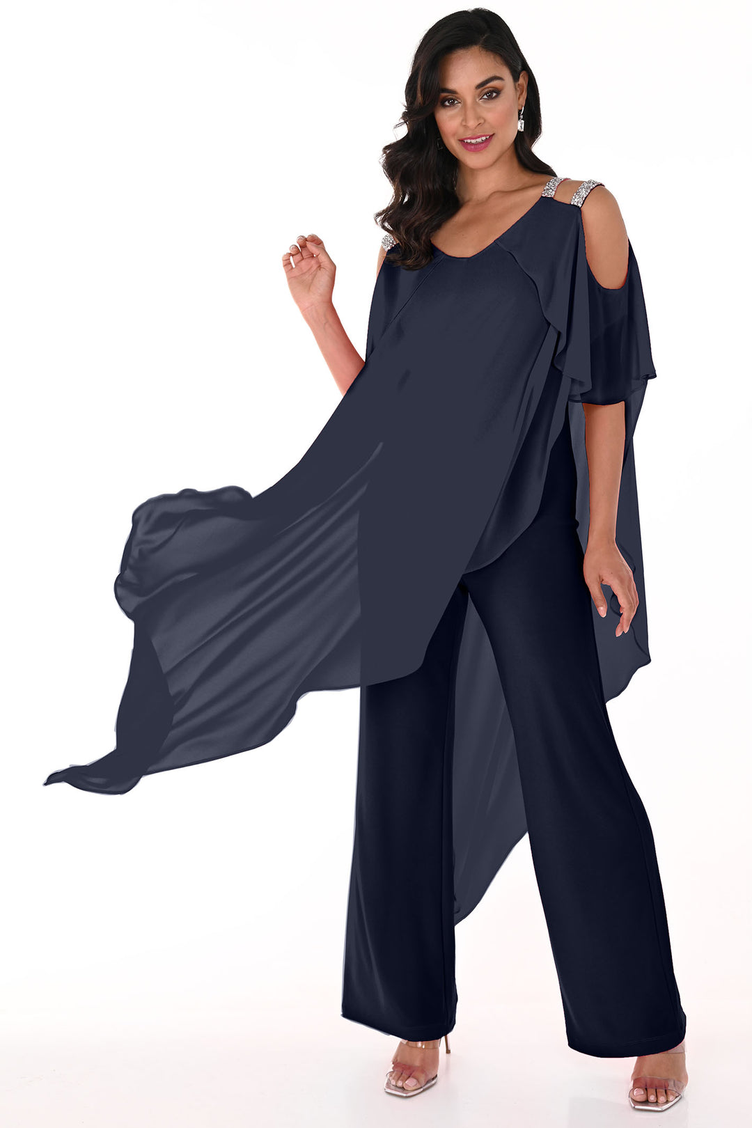 Frank Lyman 248146 Midnight Navy Jumpsuit with Diamante Shoulder - Dotique