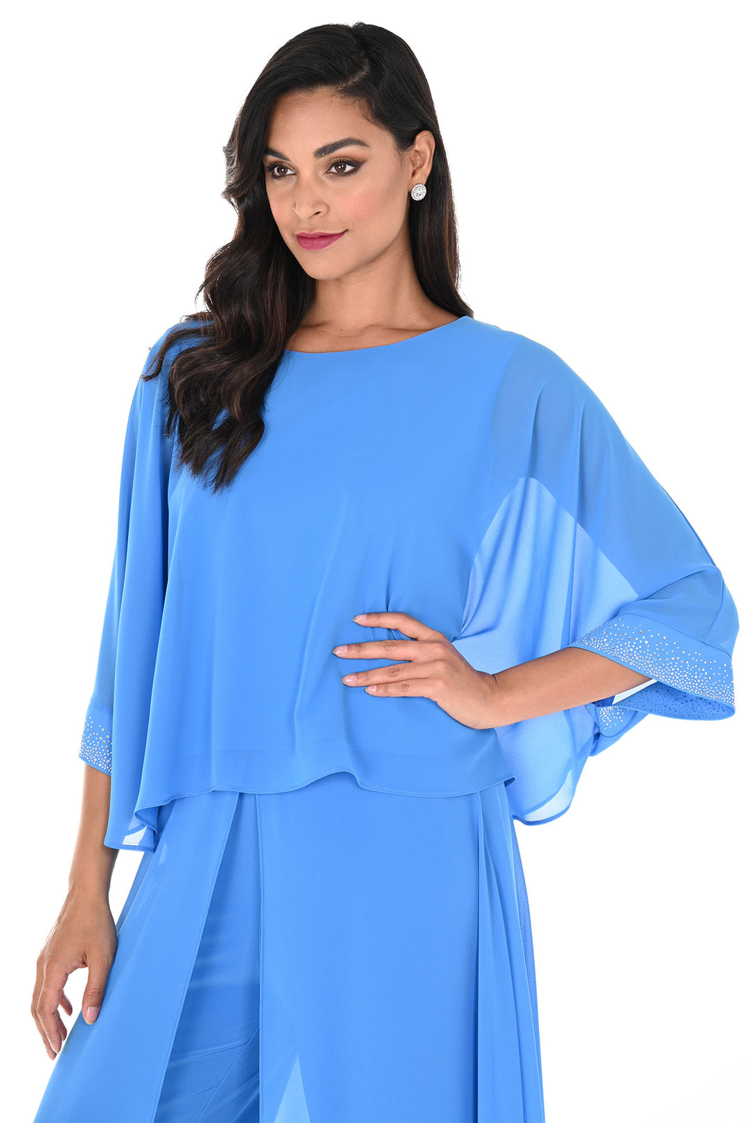 Frank Lyman 248301 Blue Round Neck Chiffon Top - Dotique