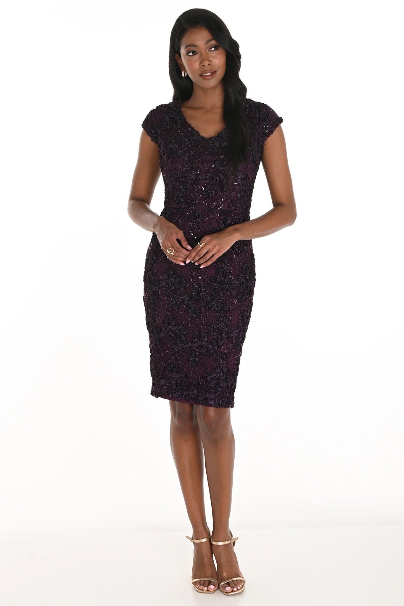 Frank Lyman 259223 Berry Purple V-Neck Floral Fabric Dress Dotique Frank Lyman 259223 Berry Purple V-Neck Floral Fabric Dress Dotique
