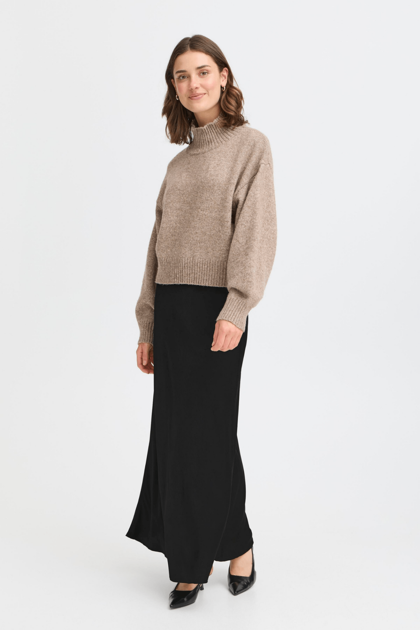 Fransa Floren black skirt in long satin finish with a simple elegant cut at Dotique