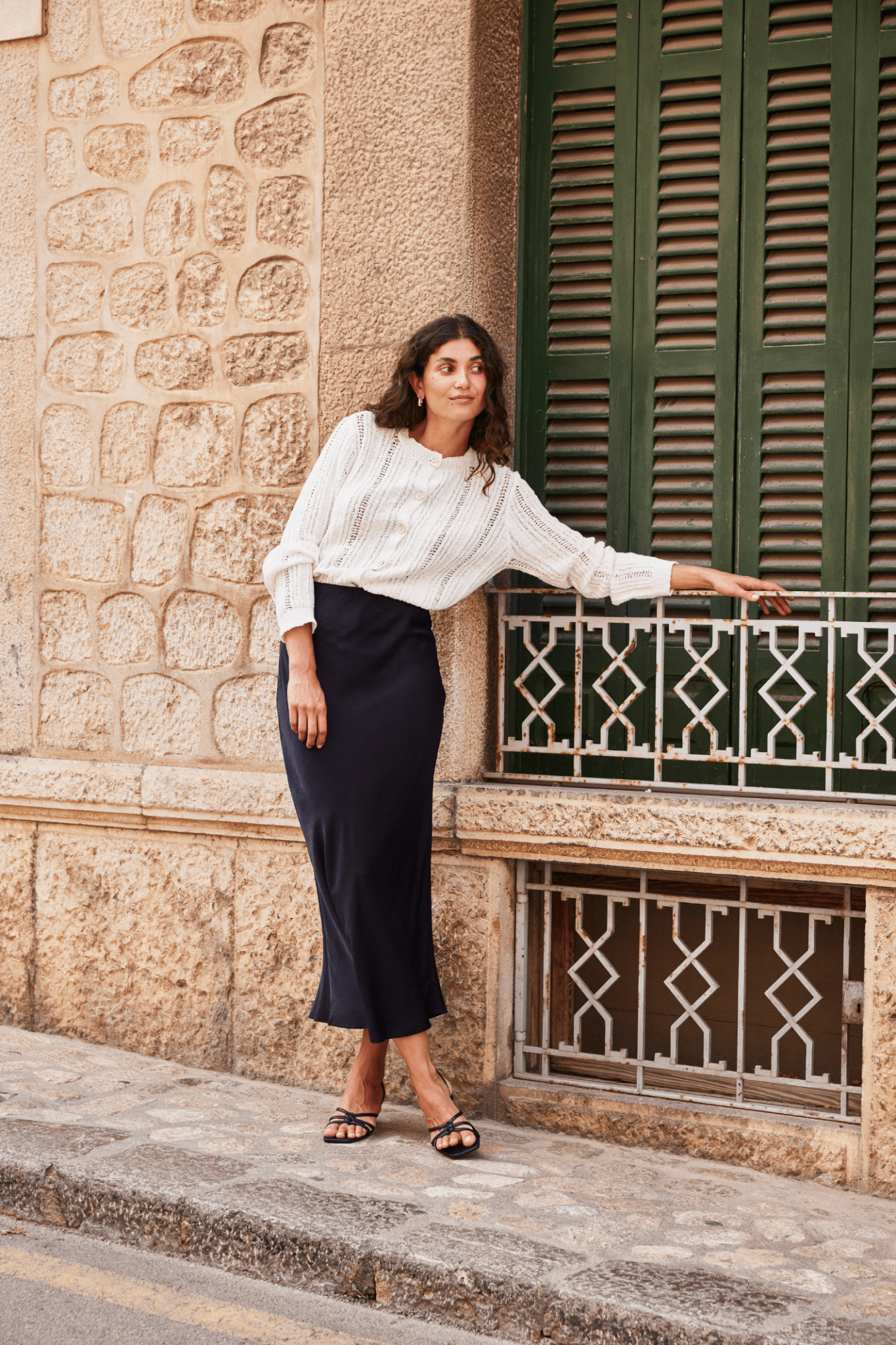 Fransa Floren black skirt in long satin finish with a simple elegant cut at Dotique