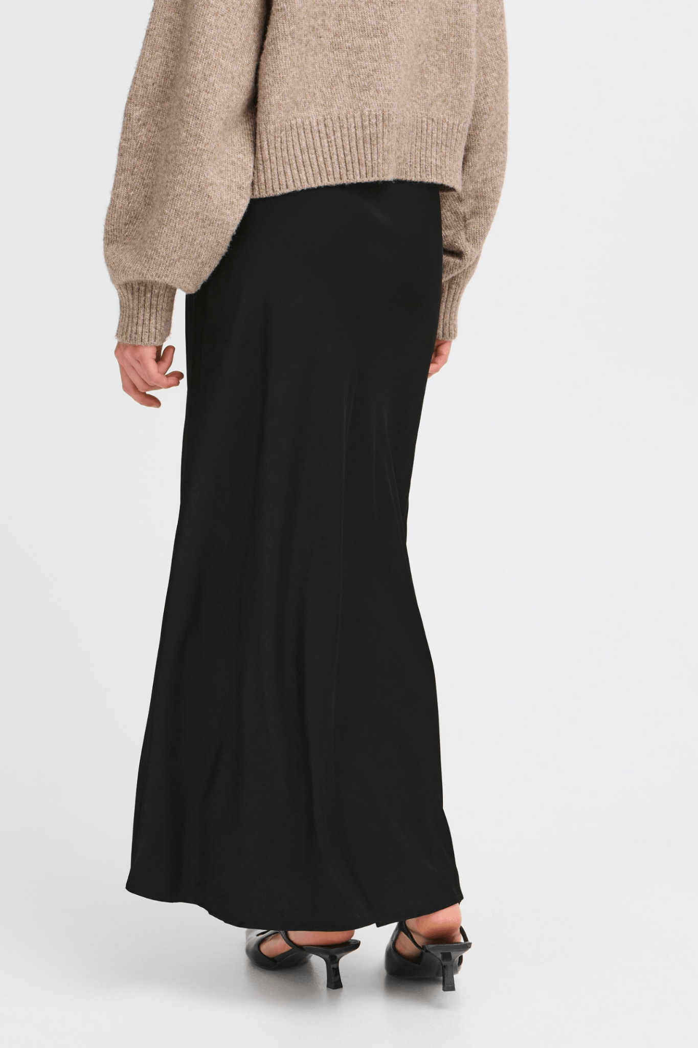 Fransa Floren black skirt in long satin finish with a simple elegant cut at Dotique
