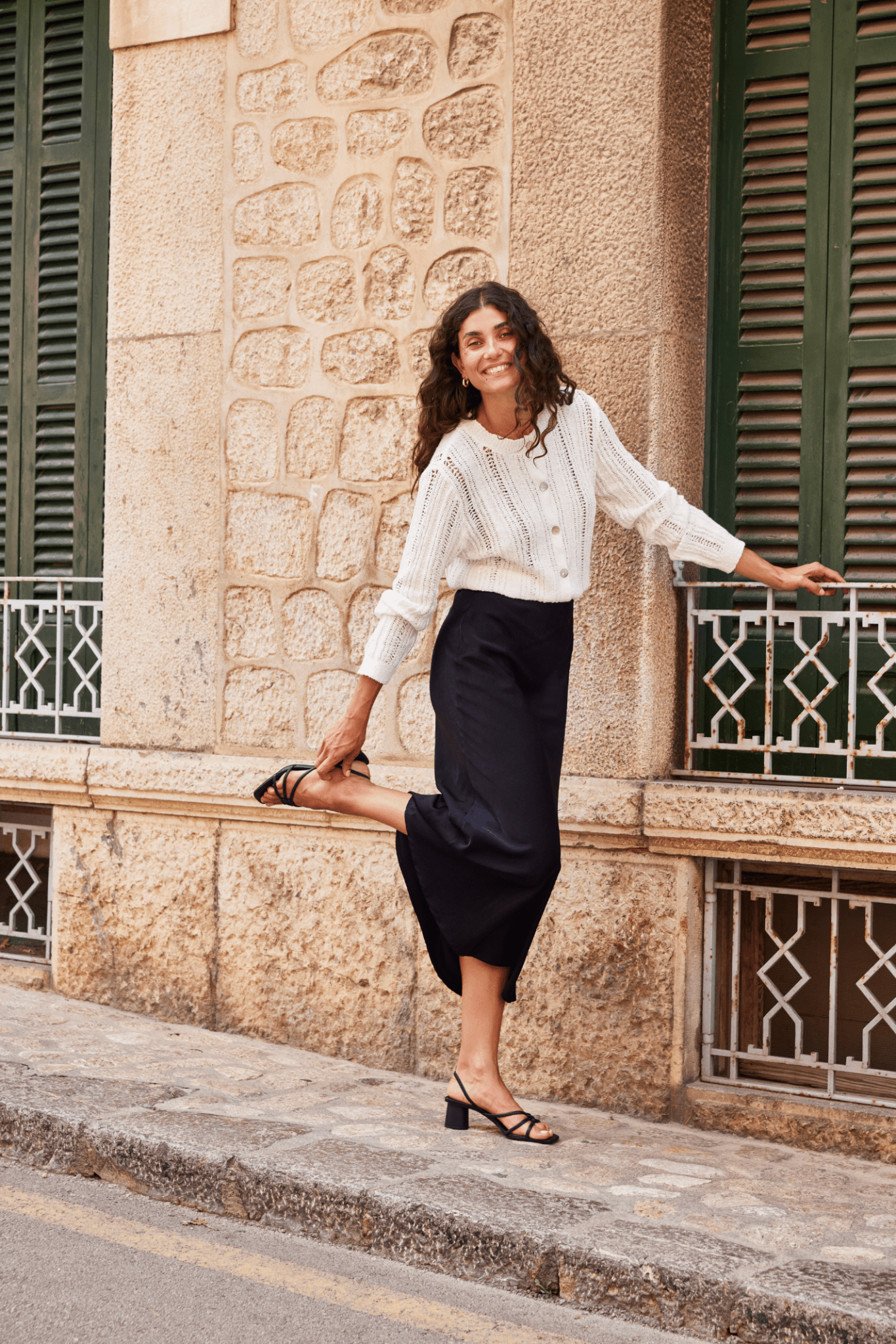 Fransa Floren black skirt in long satin finish with a simple elegant cut at Dotique