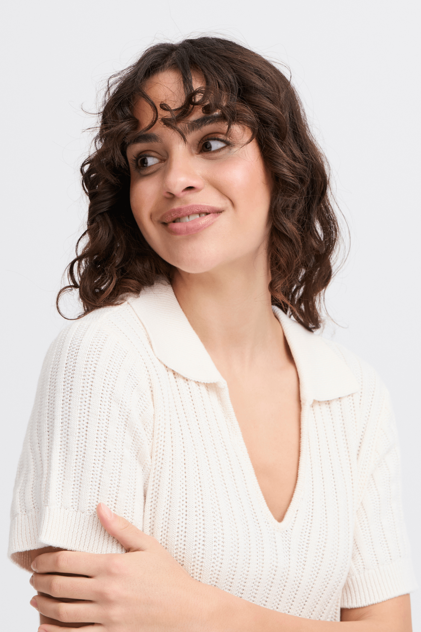 Fransa 20615698 FROFELINA DR 1 Knitted Dress with Collar and V - Neck Whisper White - Dotique