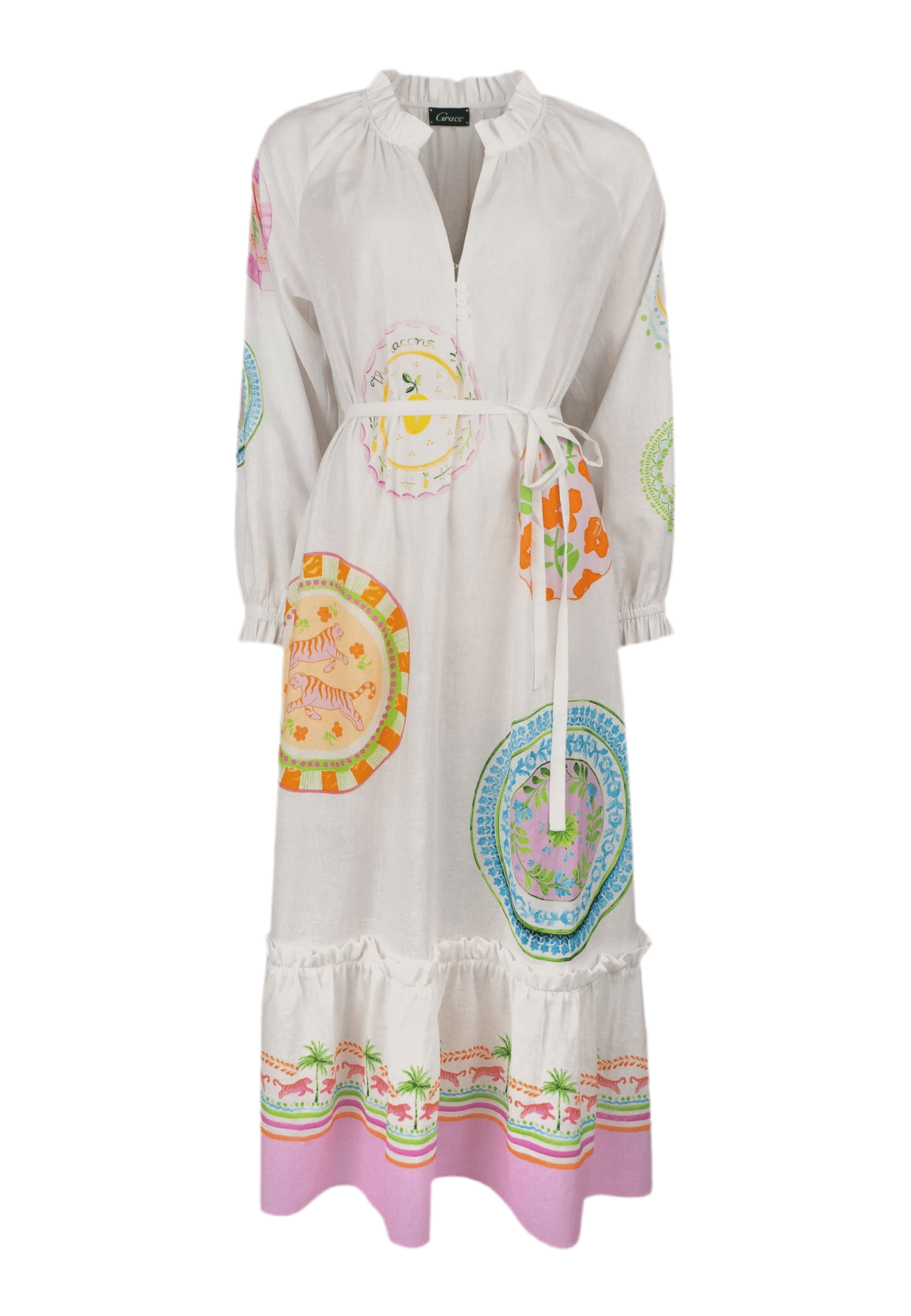 Grace 434/3219 - 102 Off White Patterned Long Sleeve Dress with Tie - Dotique - Grace