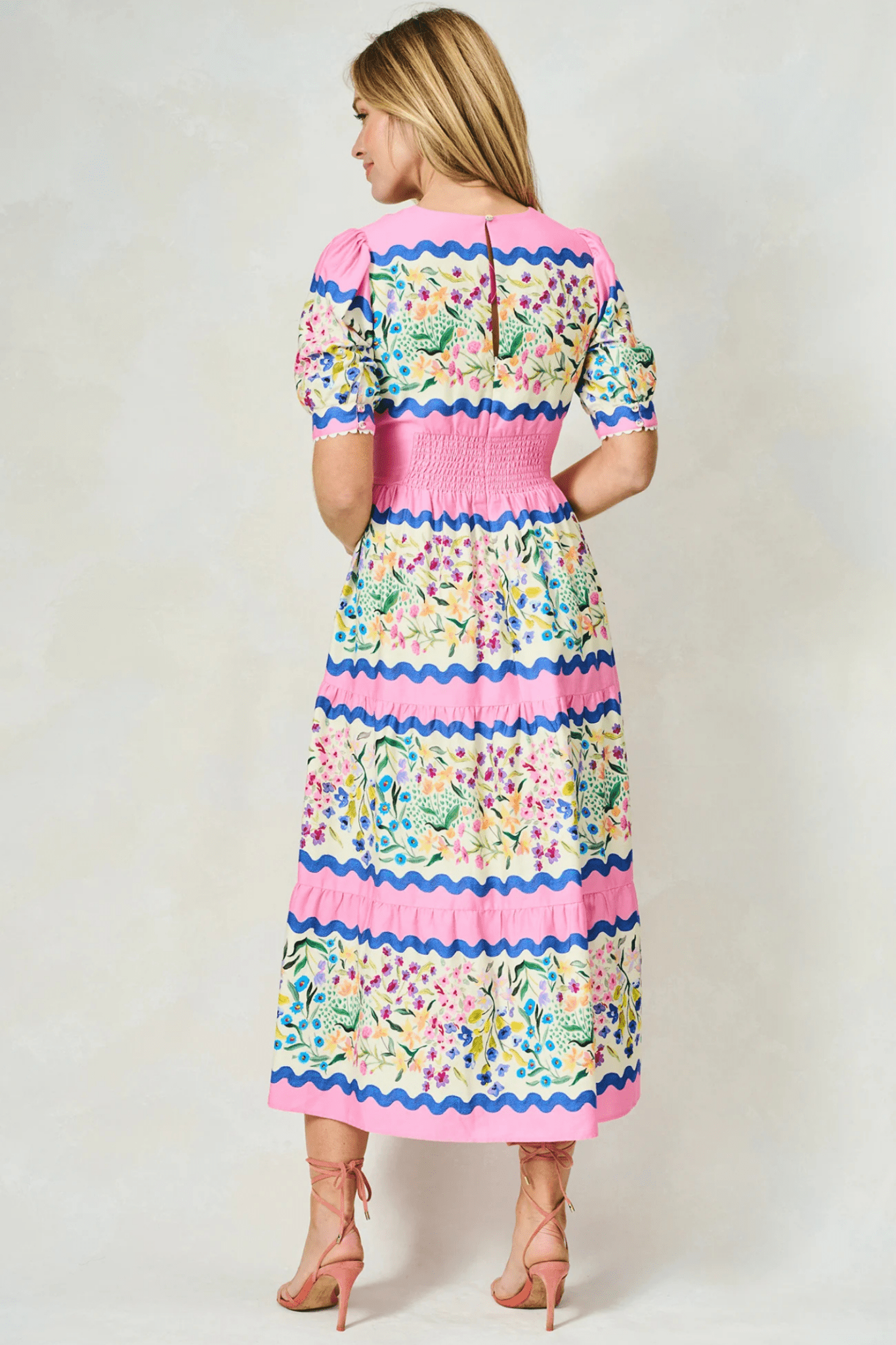 Hope and Ivy 7717M Meredith V - Neck Full - Skirt Tea Dress with Puff Sleeves in Pink Picnic - Dotique