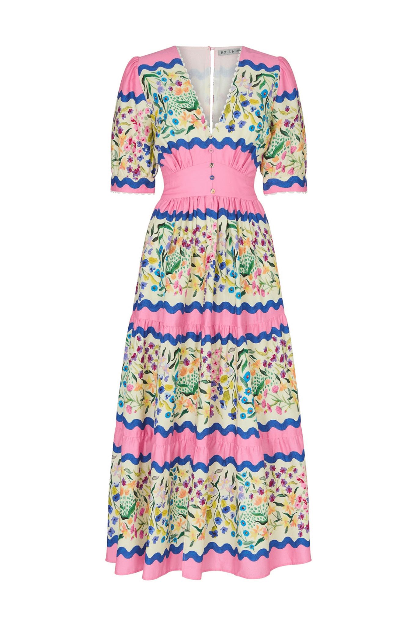 Hope and Ivy 7717M Meredith V - Neck Full - Skirt Tea Dress with Puff Sleeves in Pink Picnic - Dotique