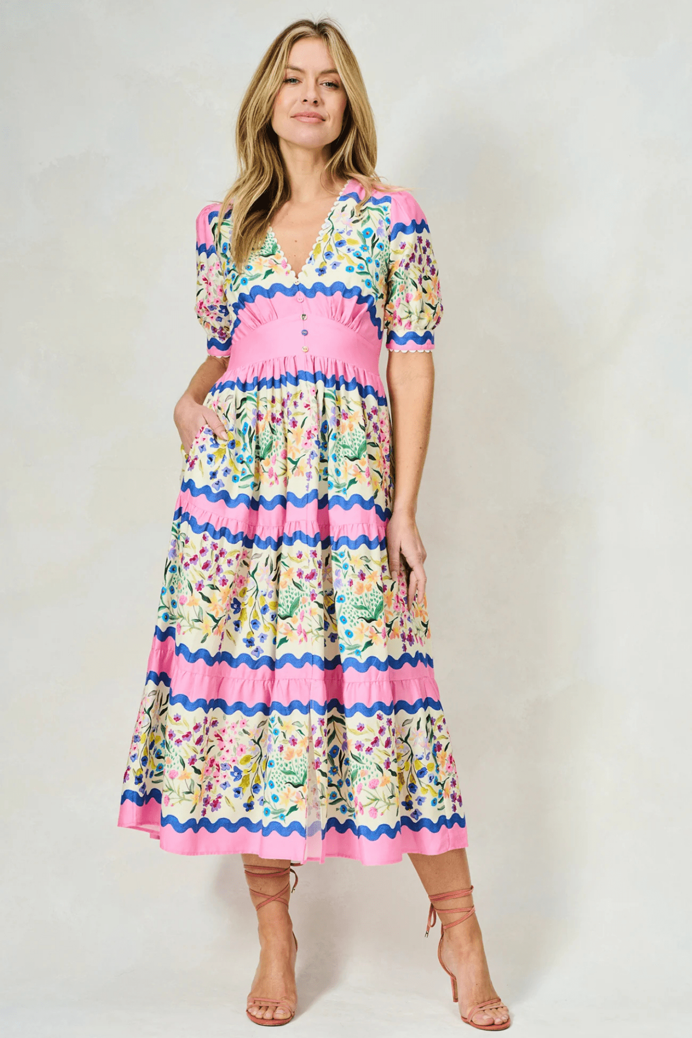 Hope and Ivy 7717M Meredith V - Neck Full - Skirt Tea Dress with Puff Sleeves in Pink Picnic - Dotique