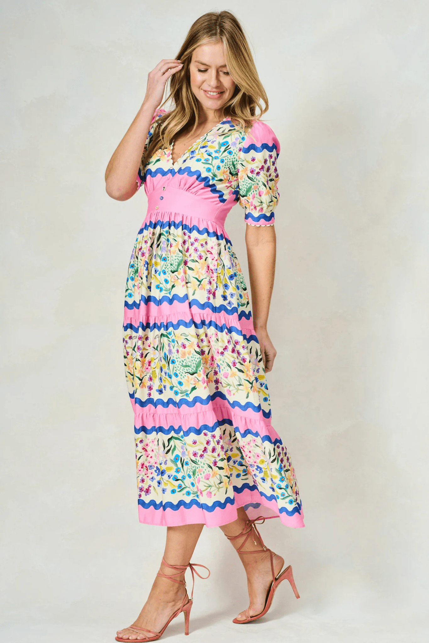 Hope and Ivy 7717M Meredith V - Neck Full - Skirt Tea Dress with Puff Sleeves in Pink Picnic - Dotique