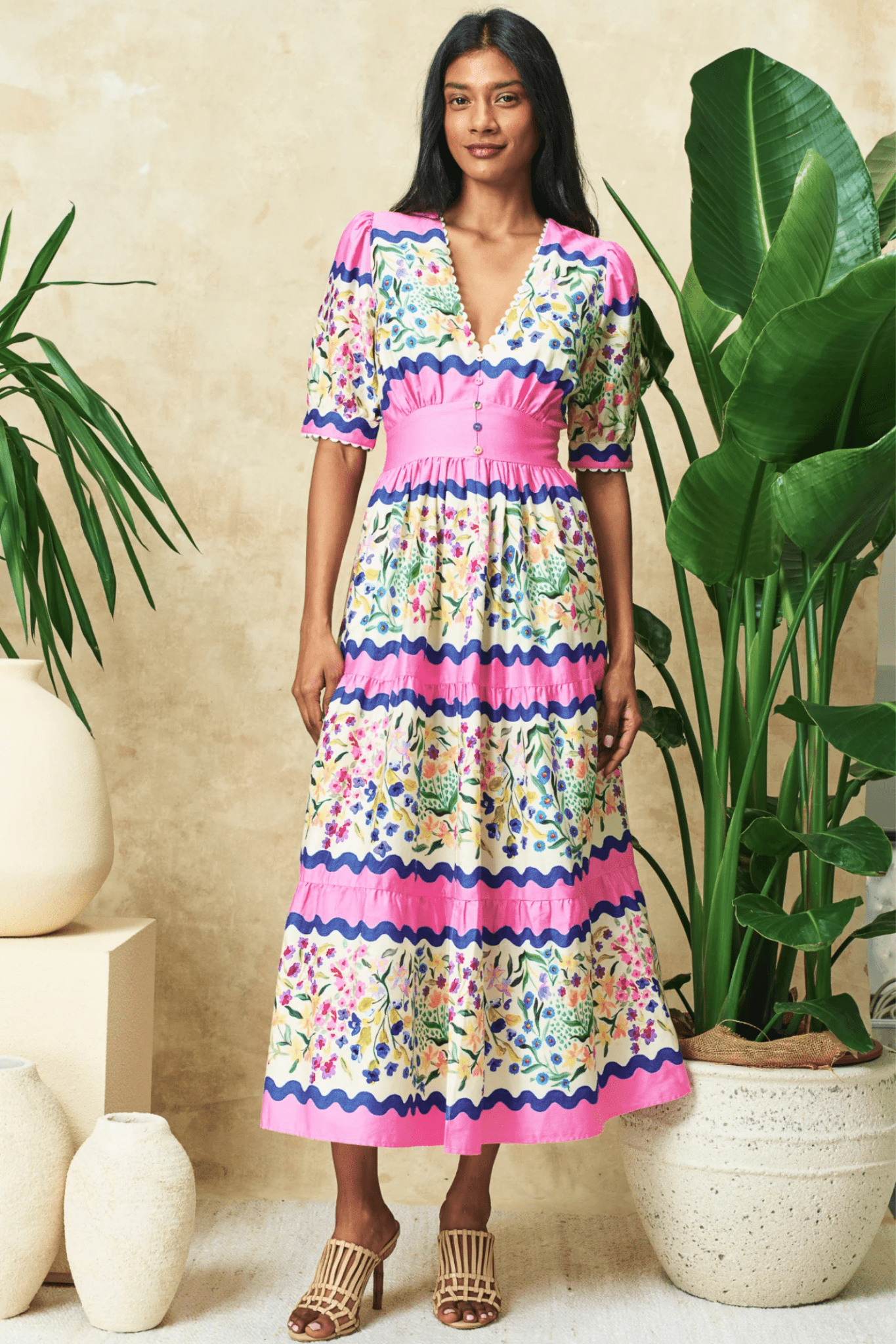 Hope and Ivy 7717M Meredith V - Neck Full - Skirt Tea Dress with Puff Sleeves in Pink Picnic - Dotique
