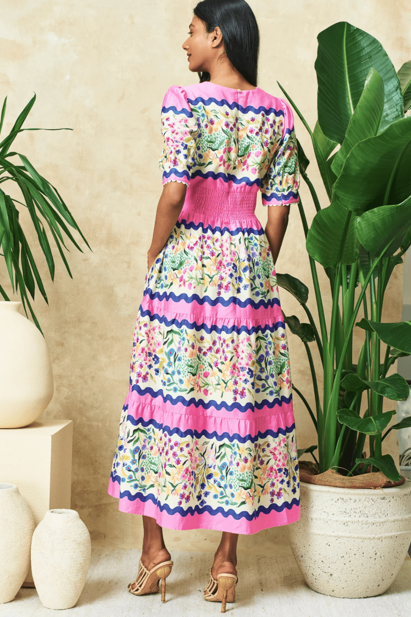 Hope and Ivy 7717M Meredith V - Neck Full - Skirt Tea Dress with Puff Sleeves in Pink Picnic - Dotique