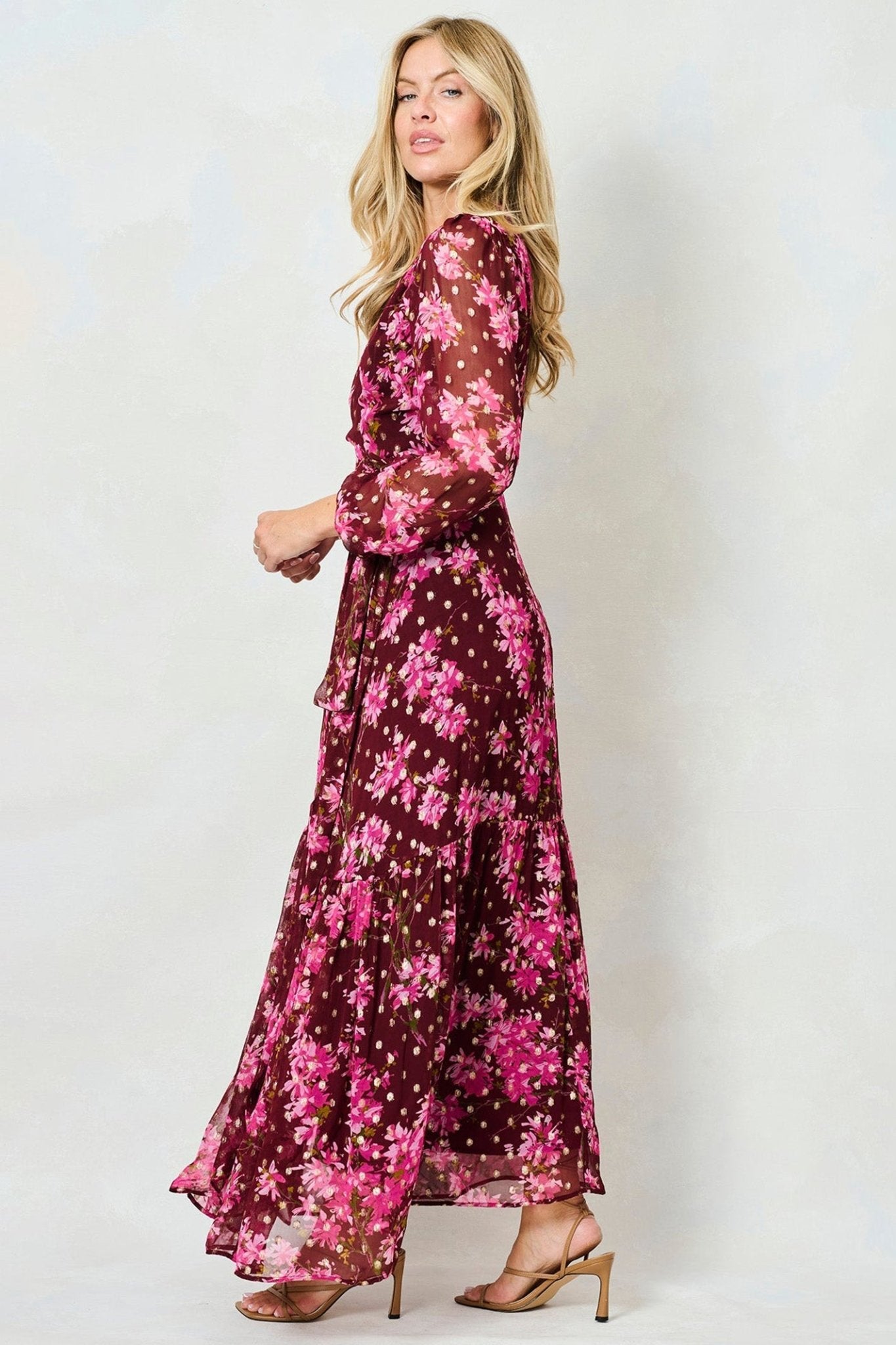 Hope & Ivy Blossom Pink Lurex Spot Maxi Wrap Dress - Dotique - Hope and Ivy