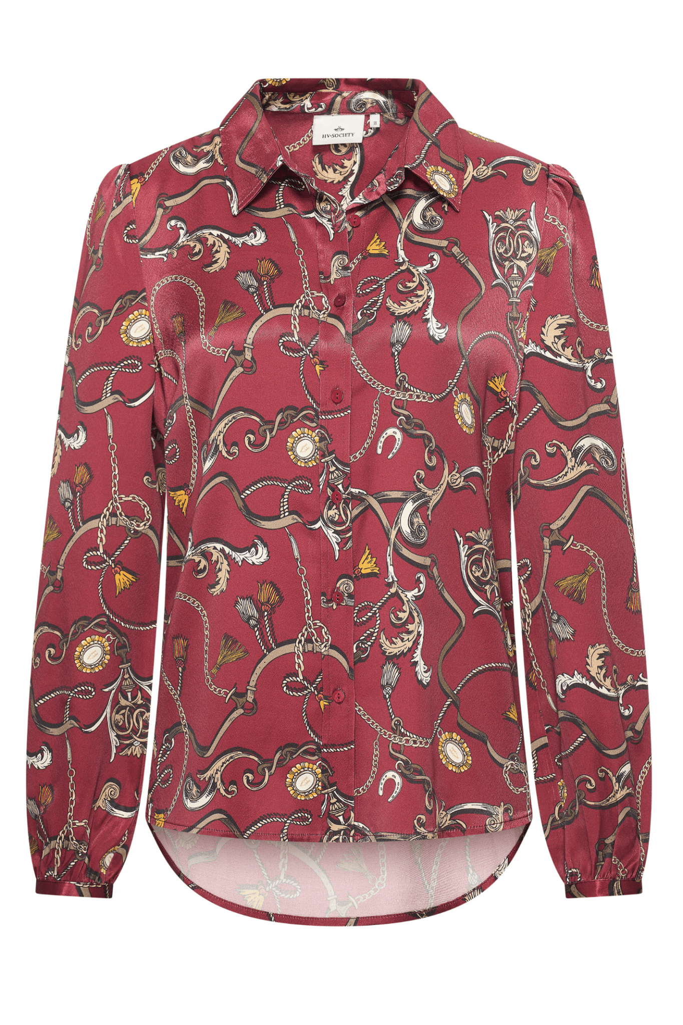 HV Society burgundy blouse with equestrian scarf print and button front – Dotique