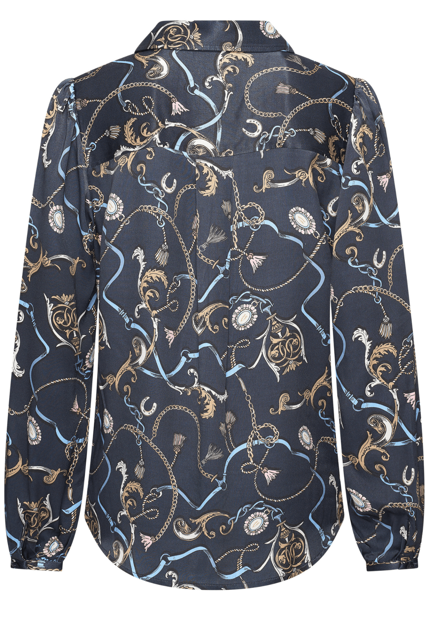HV Society navy blouse with equestrian scarf print and button front – Dotique