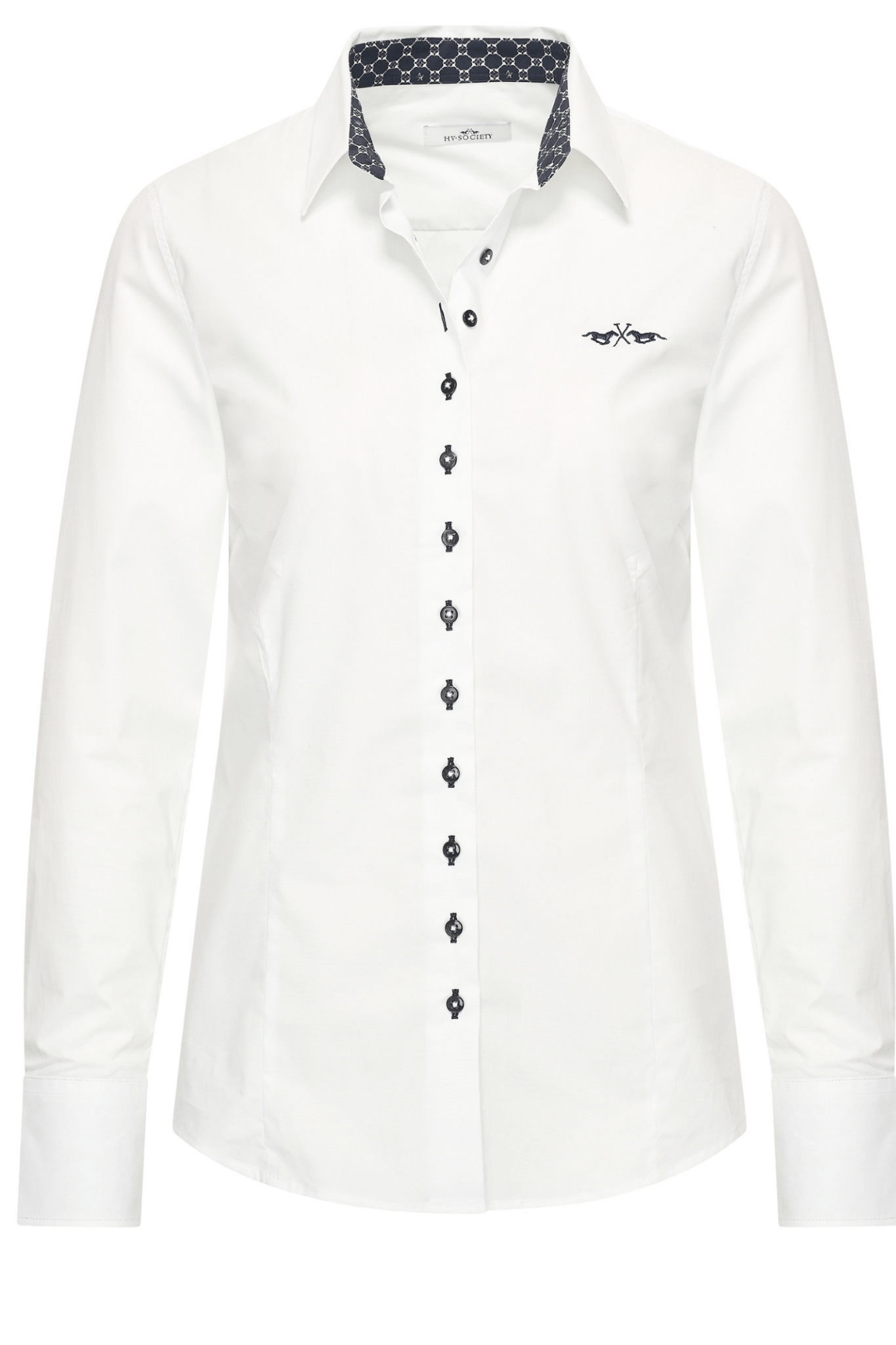 Dotique HV Society white cotton blouse with contrast navy printed collar and decorative front buttons