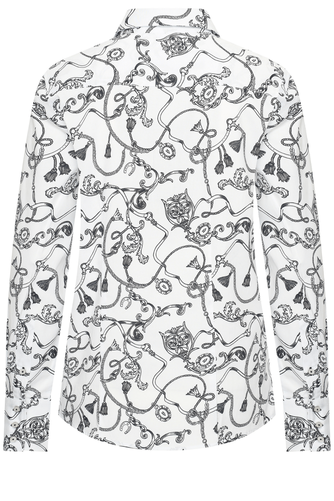 Dotique HV Society blue and white printed viscose blouse with tassel and chain motif